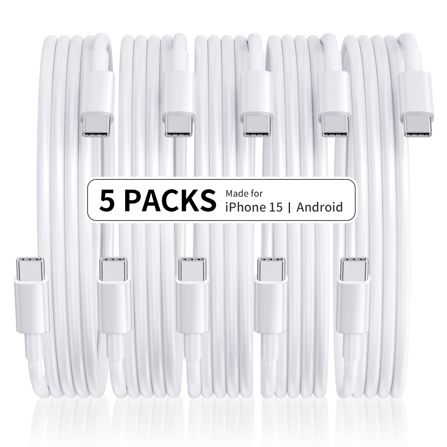 Fünf weiße USB-C-Ladekabel. Auf der Verpackung steht '5 PACKS Made for iPhone 15 | Android'.