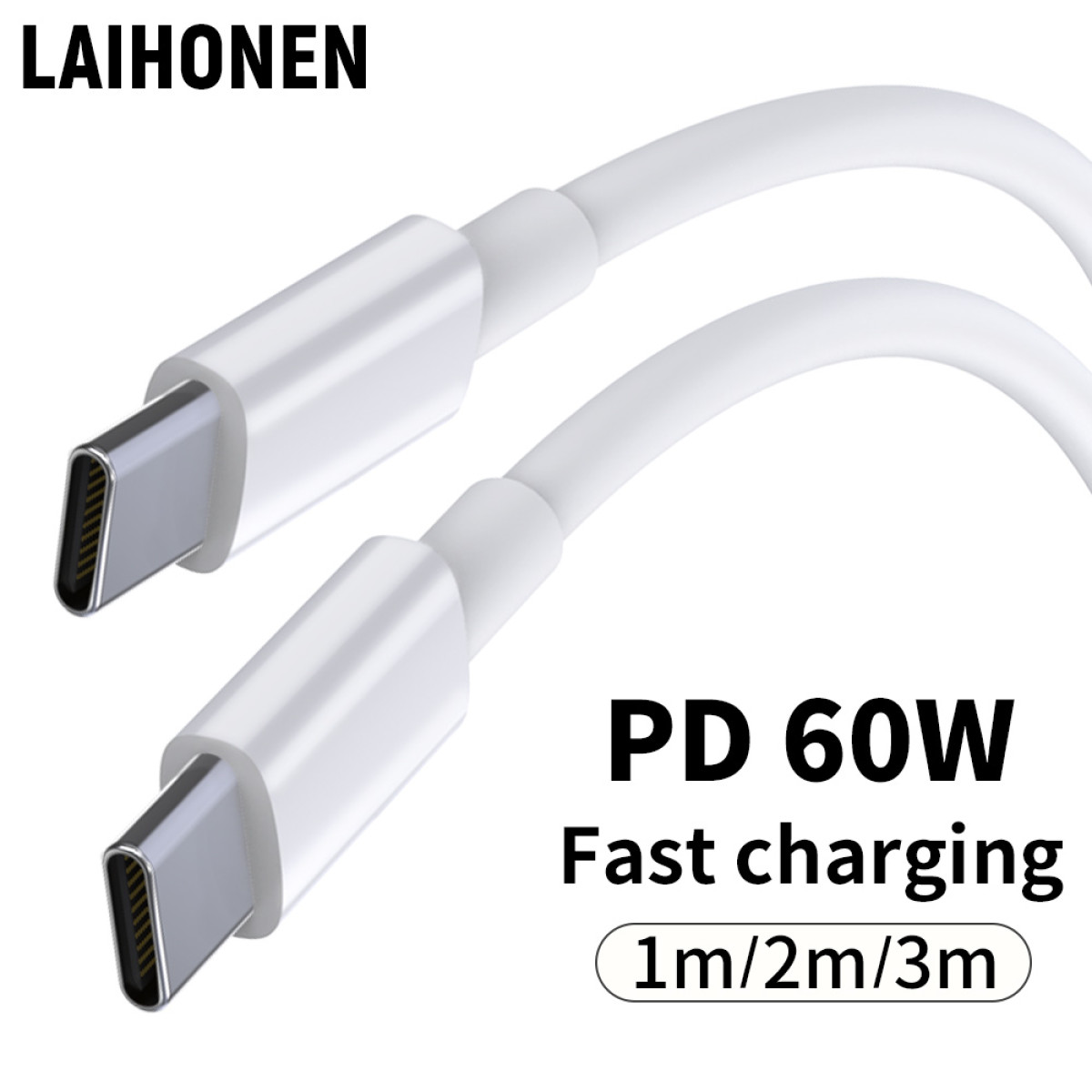 Zwei weiße USB-C-Ladekabel. Text: 'PD 60W Schnellladen 1m/2m/3m'. Der Markenname 'LAIHONEN' ist auch sichtbar.