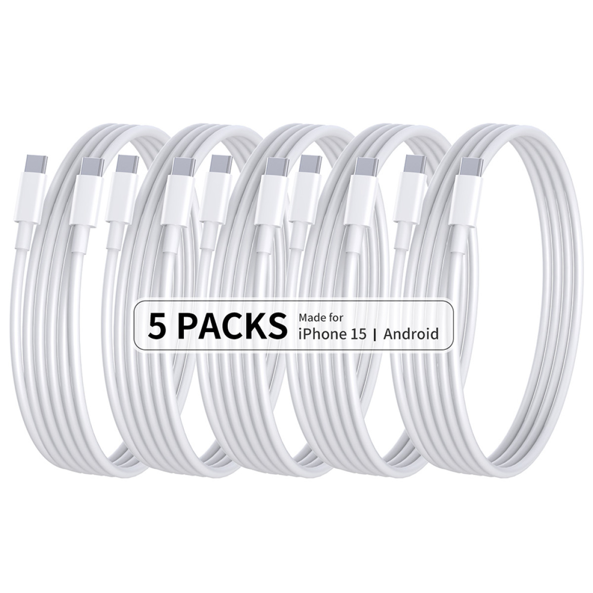 Fünf weiße USB-C-Ladekabel. Die Kabel sind aufgerollt, die Stecker sind sichtbar. Text: 5er-Pack, Made for iPhone 15 | Android.