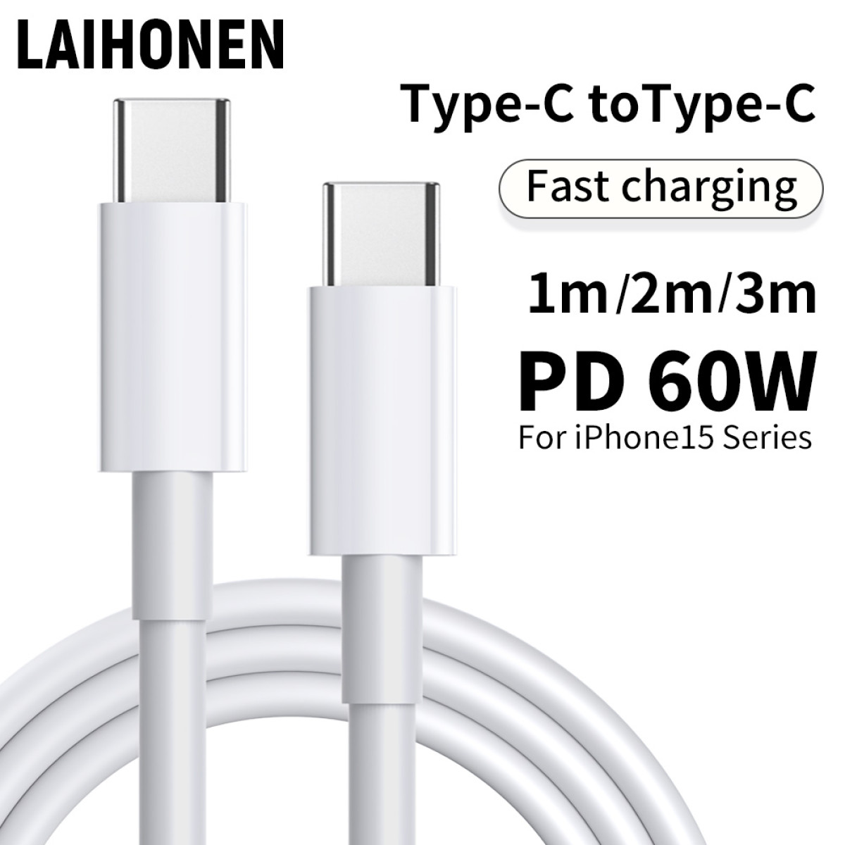 Weißes Type-C-zu-Type-C-Ladekabel mit Text: 'Schnelles Laden', '1m/2m/3m', 'PD 60W', 'Für iPhone15-Serie'.