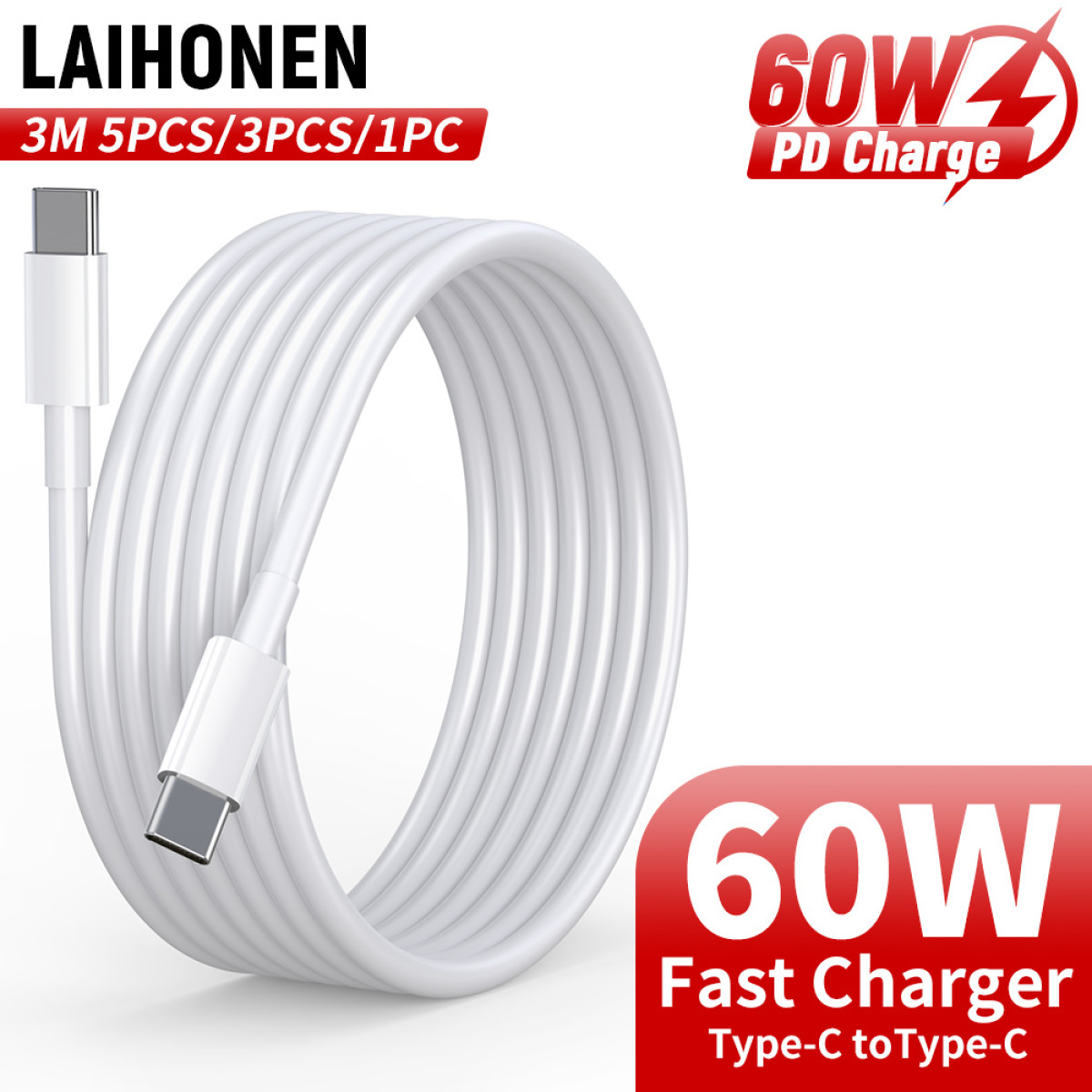 Ein weißes USB-C-Ladekabel. Text enthält '60W Fast Charger' und 'Type-C to Type-C'. Ein roter Blitz ist ebenfalls sichtbar.