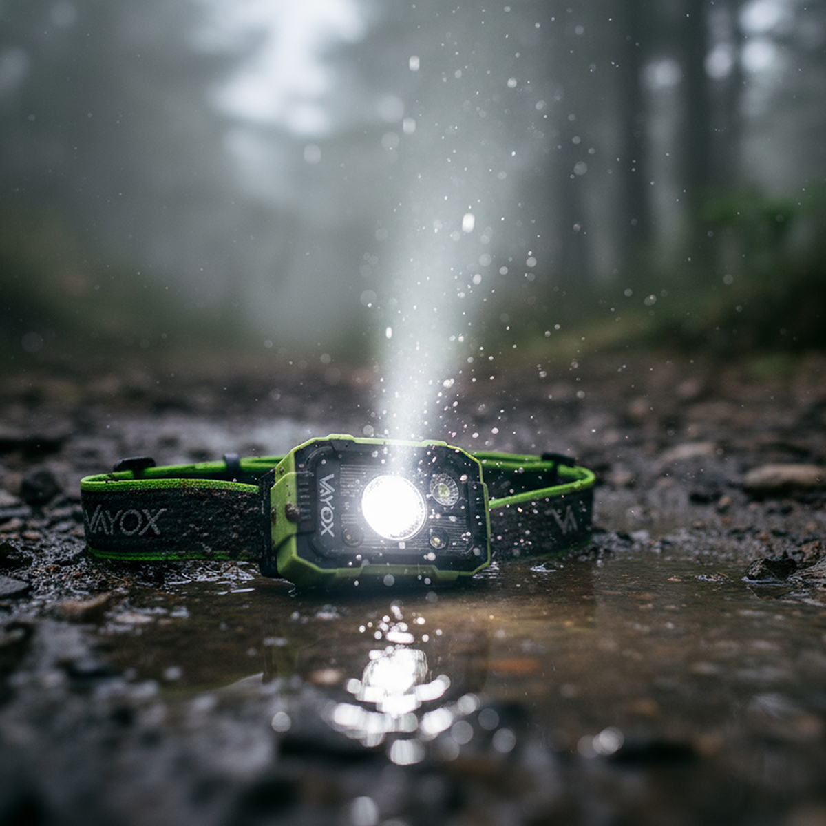 Zielona latarka czołowa z jasnym światłem na błotnistym dnie lasu. Krople wody i rozmyte drzewa w tle.