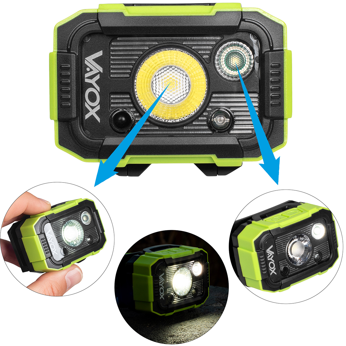 Pokazano czołówkę VAYOX. Ma jasne centralne światło i mniejsze światło po prawej stronie. Są też 3 mniejsze obrazy.