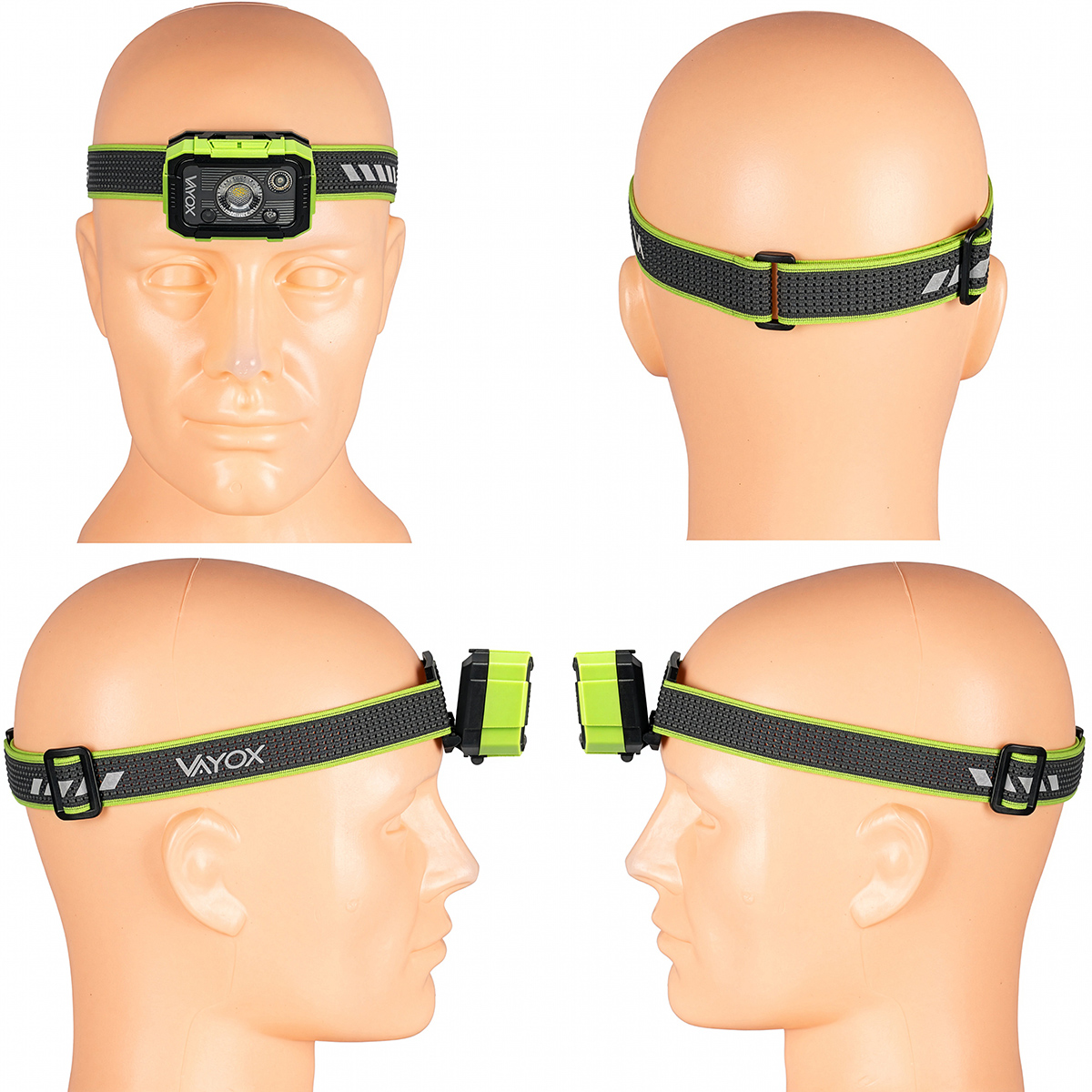 Latarka czołowa znajduje się na głowie manekina. Latarka czołowa jest czarna i zielona. Pasek jest czarny z zielonym paskiem.