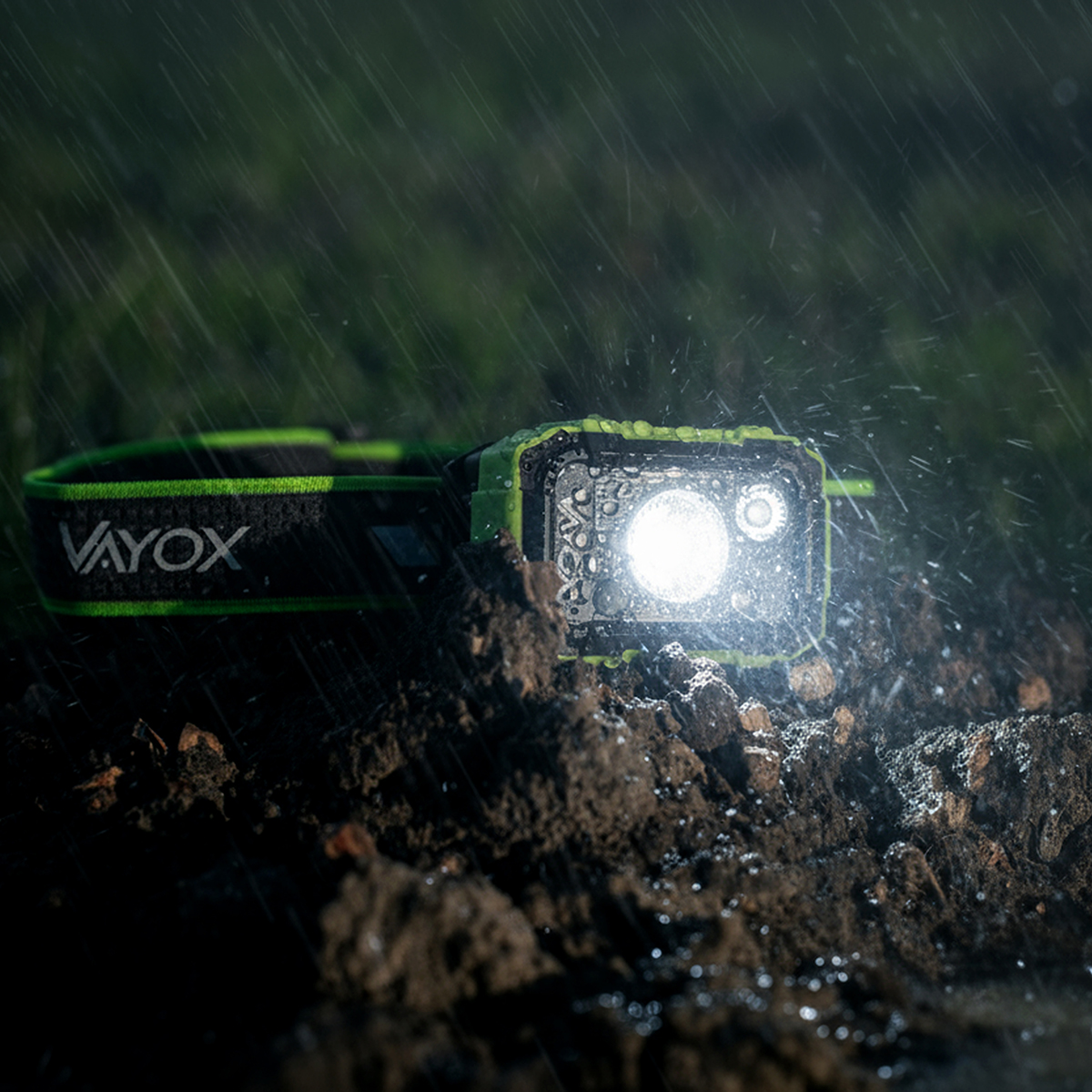 Czołówka marki Vayox, w deszczu. Światło jest włączone, oświetlając ziemię. Zielone i czarne detale.