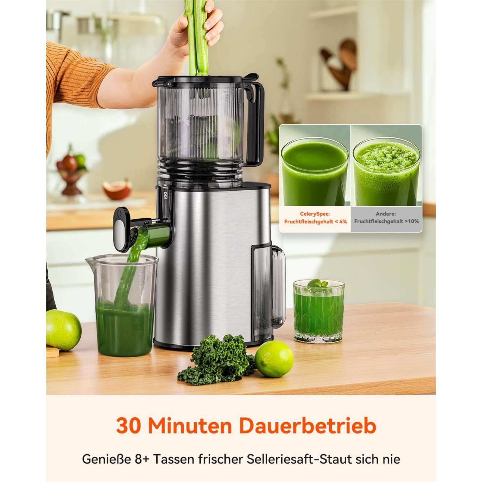 Eine Person entsaftet Sellerie mit einem Entsafter, mit Saft in Gläsern und Text über Selleriesaft.