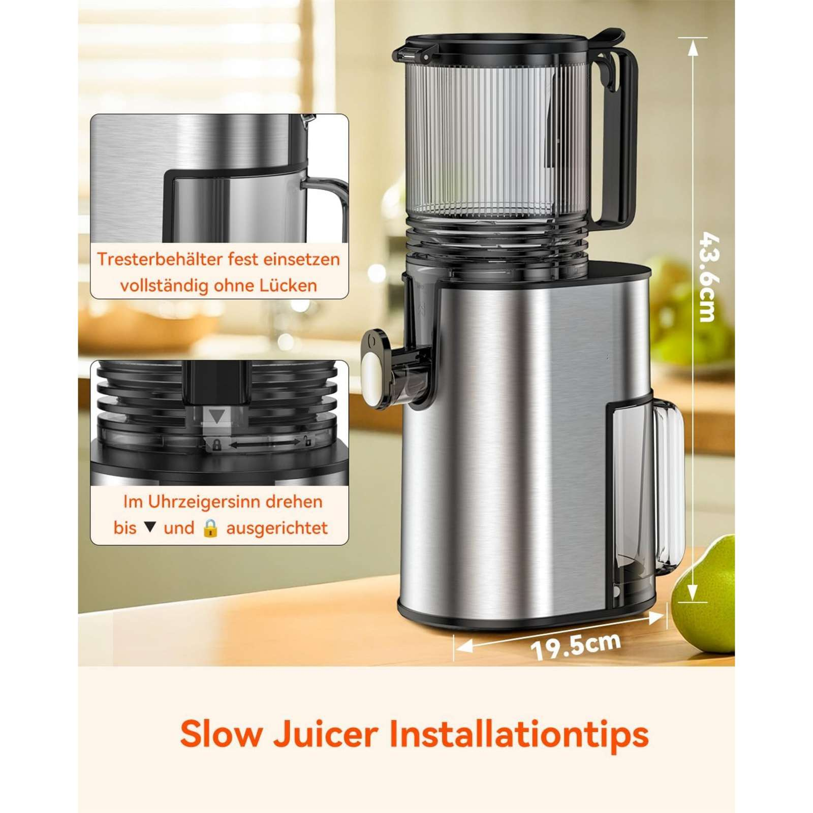 Ein Slow Juicer mit Abmessungen. Anweisungen mit Text. Nahaufnahmen von Teilen mit Beschriftungen. Eine Birne ist rechts.