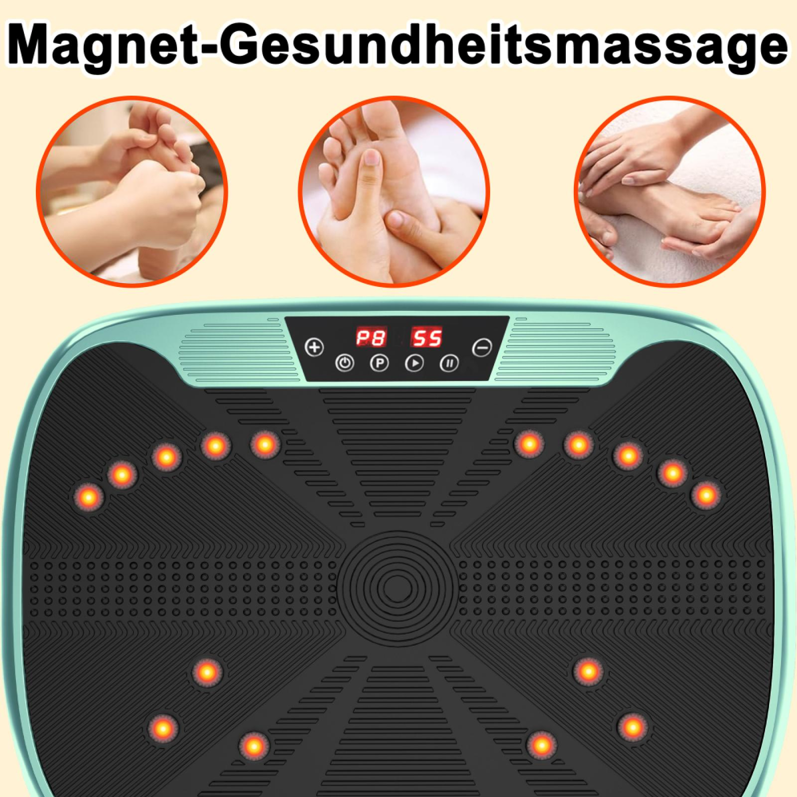 Das Bild zeigt ein Massagegerät mit drei kreisförmigen Einsätzen von Händen und Füßen, die massiert werden. Das Gerät hat eine Digitalanzeige.