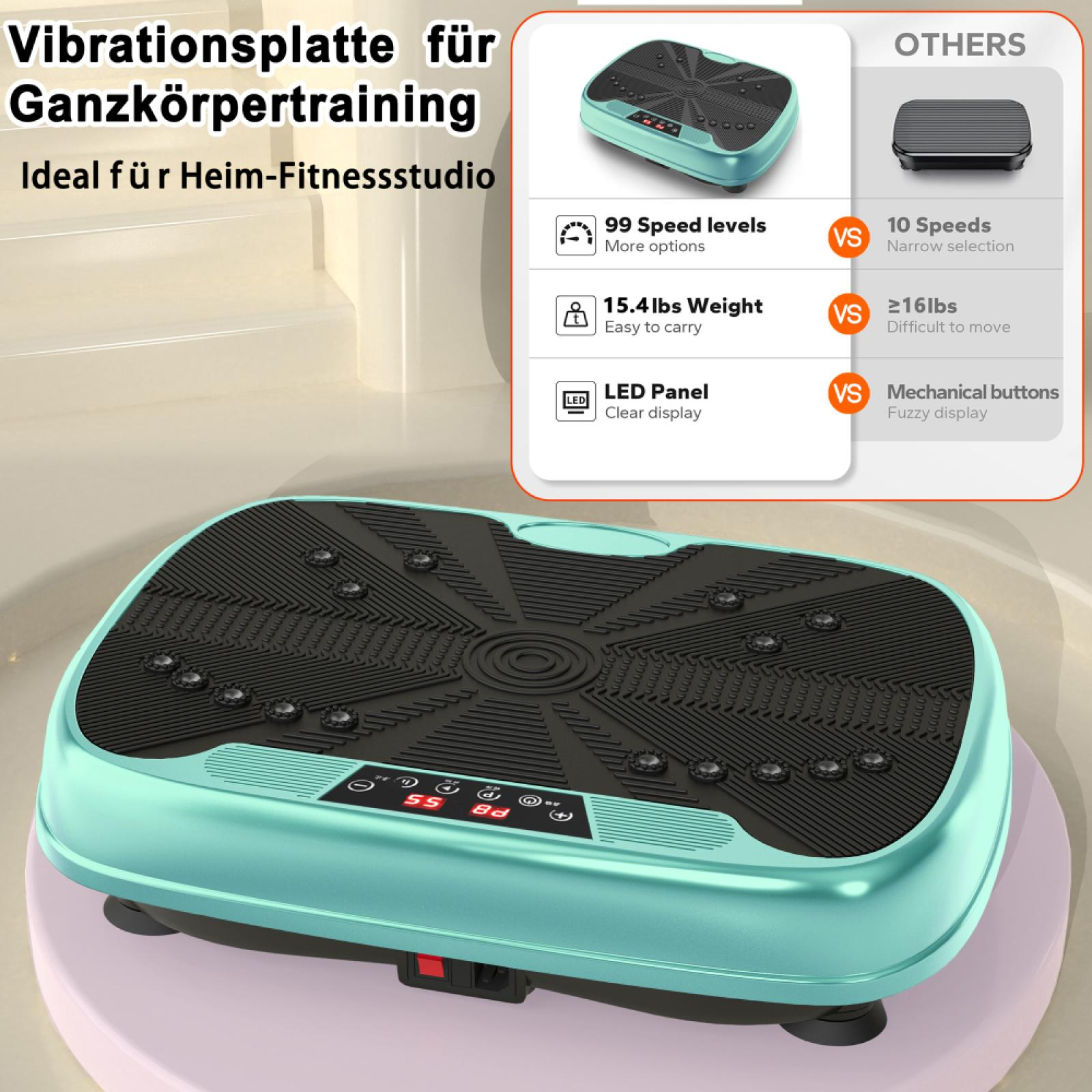 Vibrationsplatte für Ganzkörpertraining. Verfügt über 99 Geschwindigkeitsstufen, LED-Panel und 15,4 lbs Gewicht.