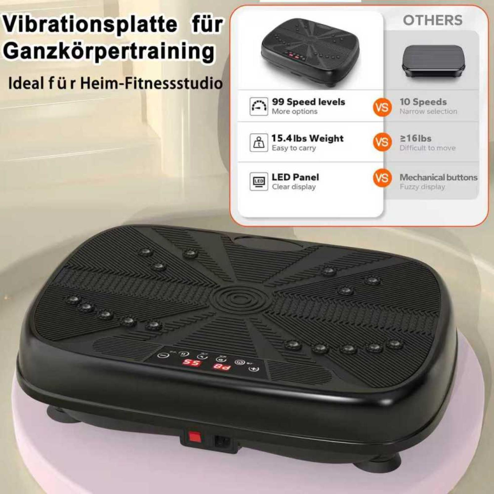 Schwarze Vibrationsplatte für Ganzkörpertraining. Merkmale: Digitalanzeige und Tasten. Text: Vibrationsplatte für Ganzkörpertraining.