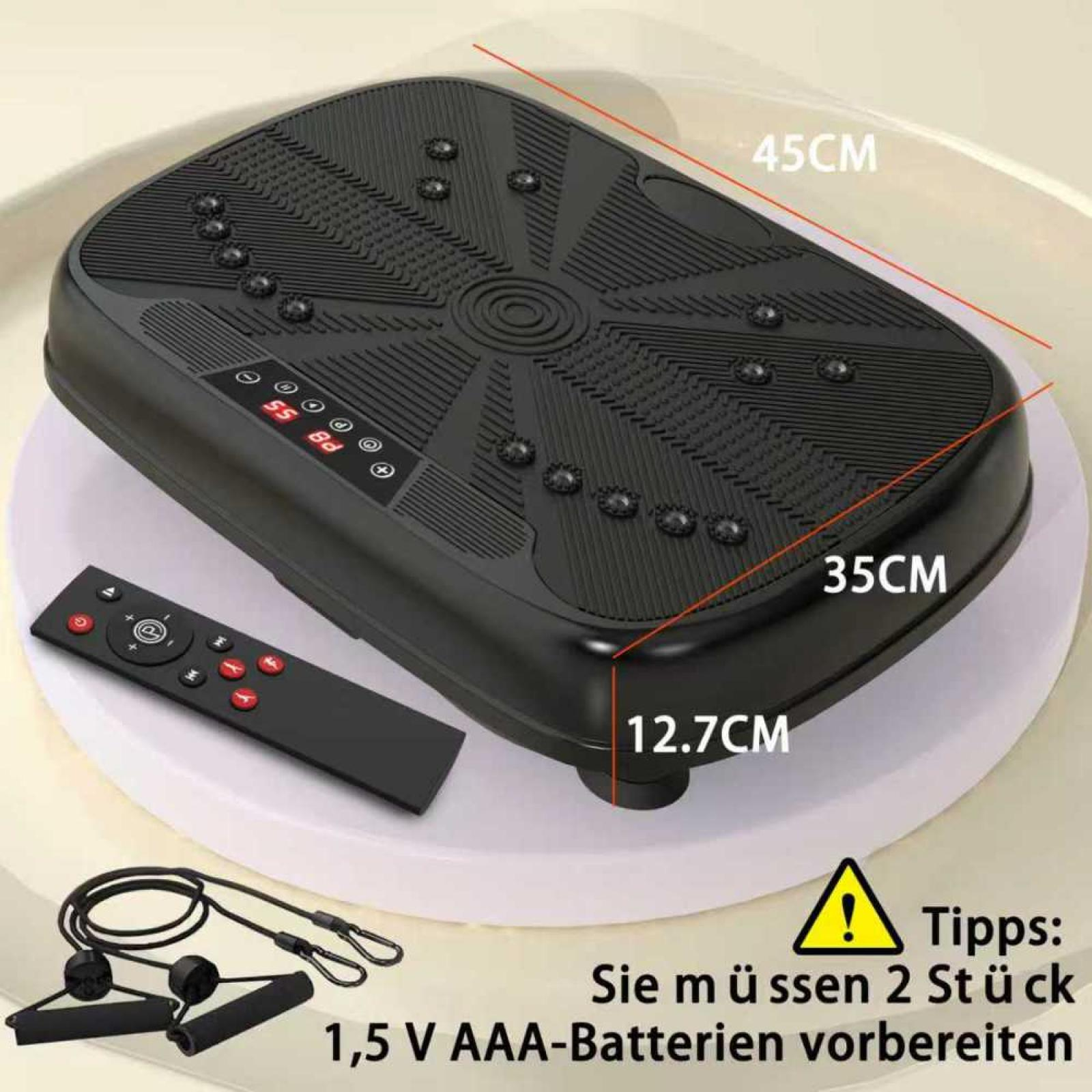Schwarze Fitnessplattform mit Fernbedienung und Bändern. Zeigt Timer an. Maße: 45x35x12,7cm. Benötigt Batterien. Warnschild.