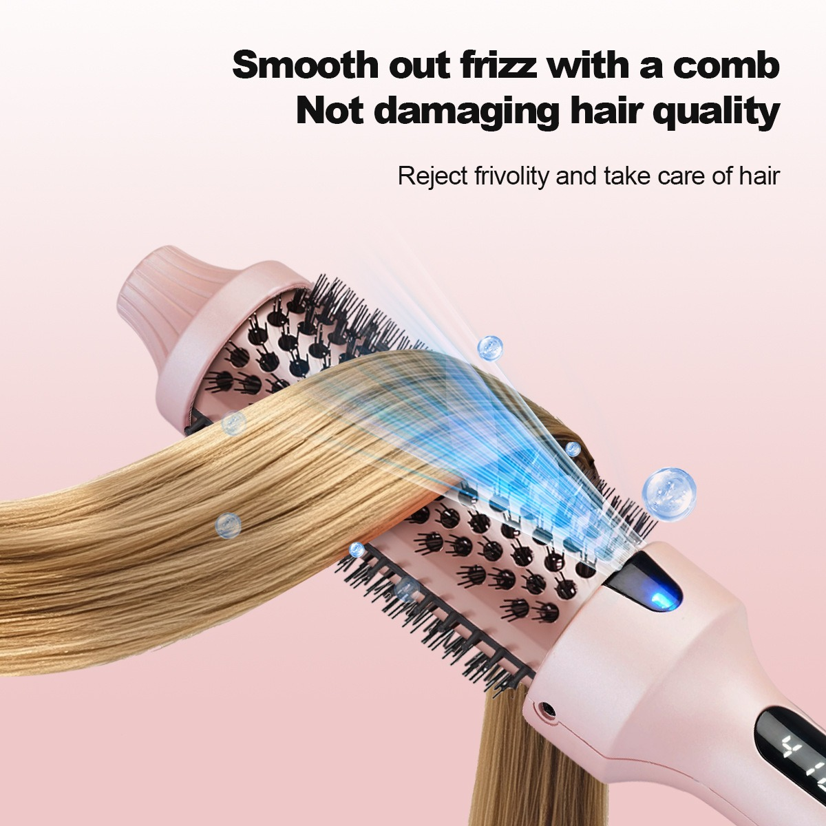 Ein rosa Haarstyling-Tool glättet blondes Haar. Der Text oben lautet: Glätten Sie Frizz. Der Hintergrund ist rosa.
