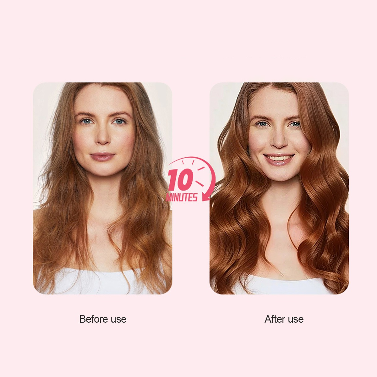 Das Bild zeigt das Haar einer Frau vor und nach der Anwendung. Links krauses Haar, rechts welliges, gestyltes Haar. Dazwischen ein Timer.