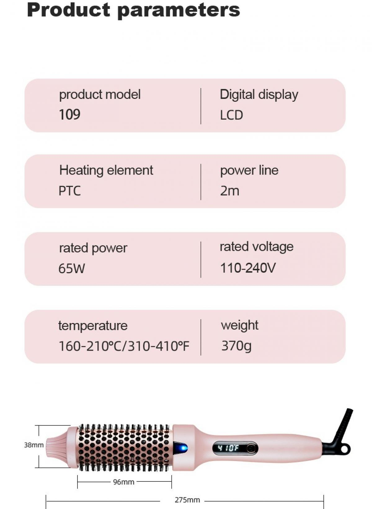 Produktparameter eines Haarstyling-Tools. Enthält Modell, Displaytyp, Heizelement, Leistung, Spannung, Temperatur und Gewicht, sowie Abmessungen.