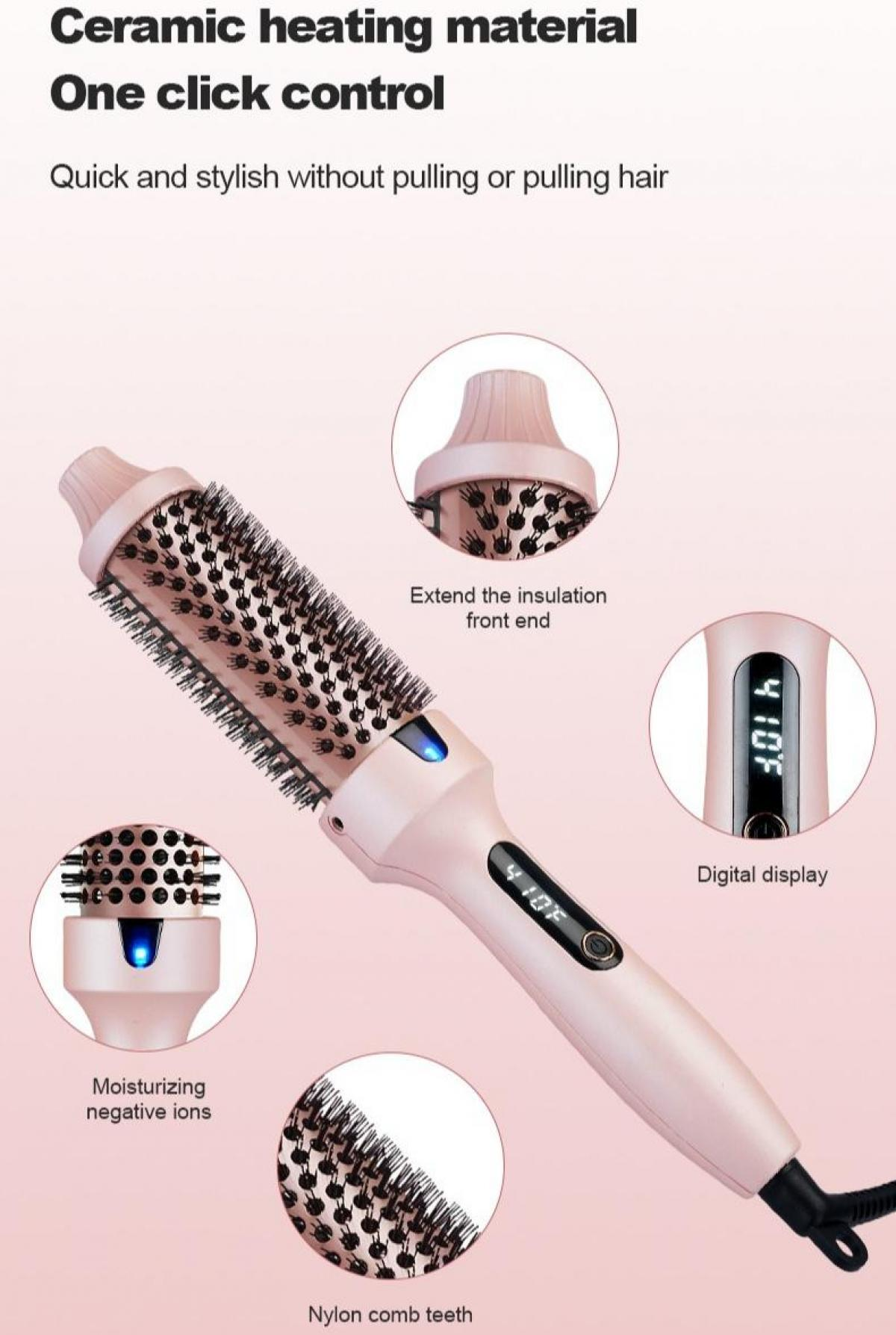 Eine rosa Haarbürste mit Nylongriff, digitaler Anzeige und feuchtigkeitsspendenden negativen Ionen.