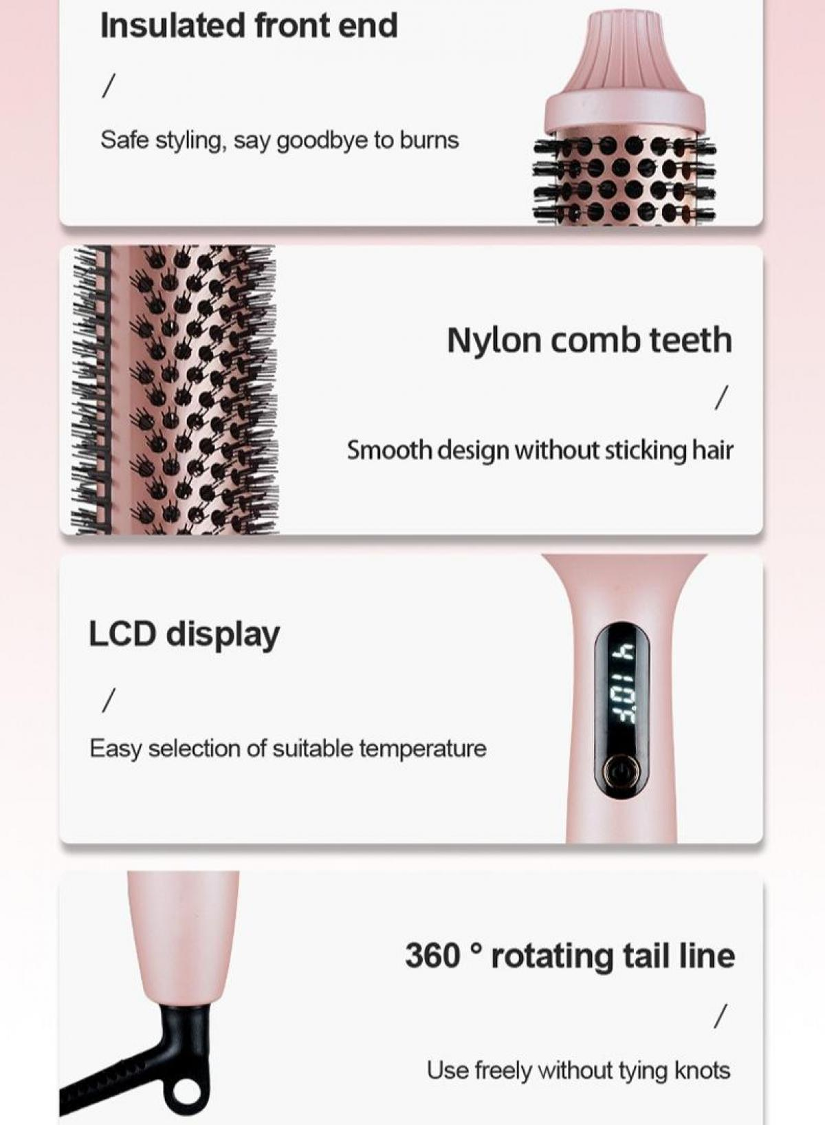 Rosa Haarstyling-Gerät mit Beschreibungen: isoliertes Vorderteil, Nylongarn-Zähne, LCD-Anzeige und 360° drehende Schwanzlinie.