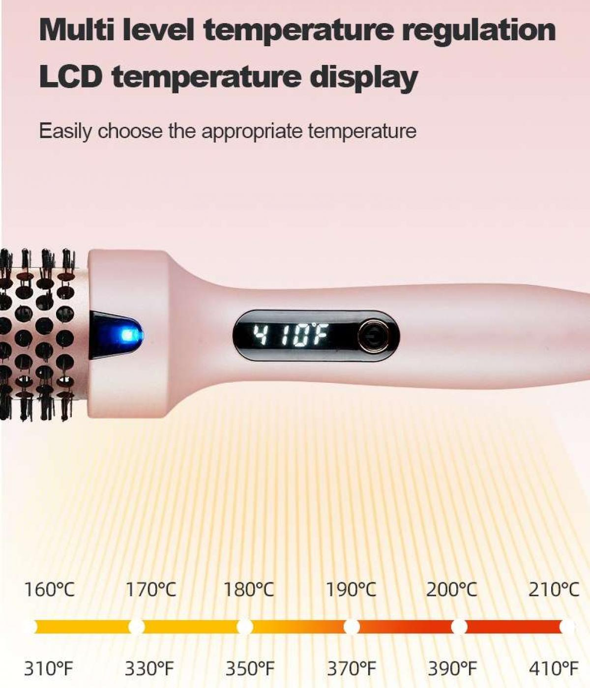 Eine rosa Haarbürste zeigt die Temperaturanzeige bei 410 °F. Temperaturoptionen reichen von 160 °C bis 410 °F.