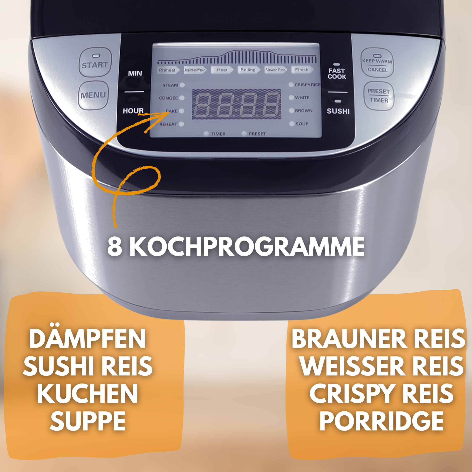 Reiskocher mit Digitalanzeige, Knöpfen und Kochoptionen. Text enthält Kochprogramme und Reissorten.