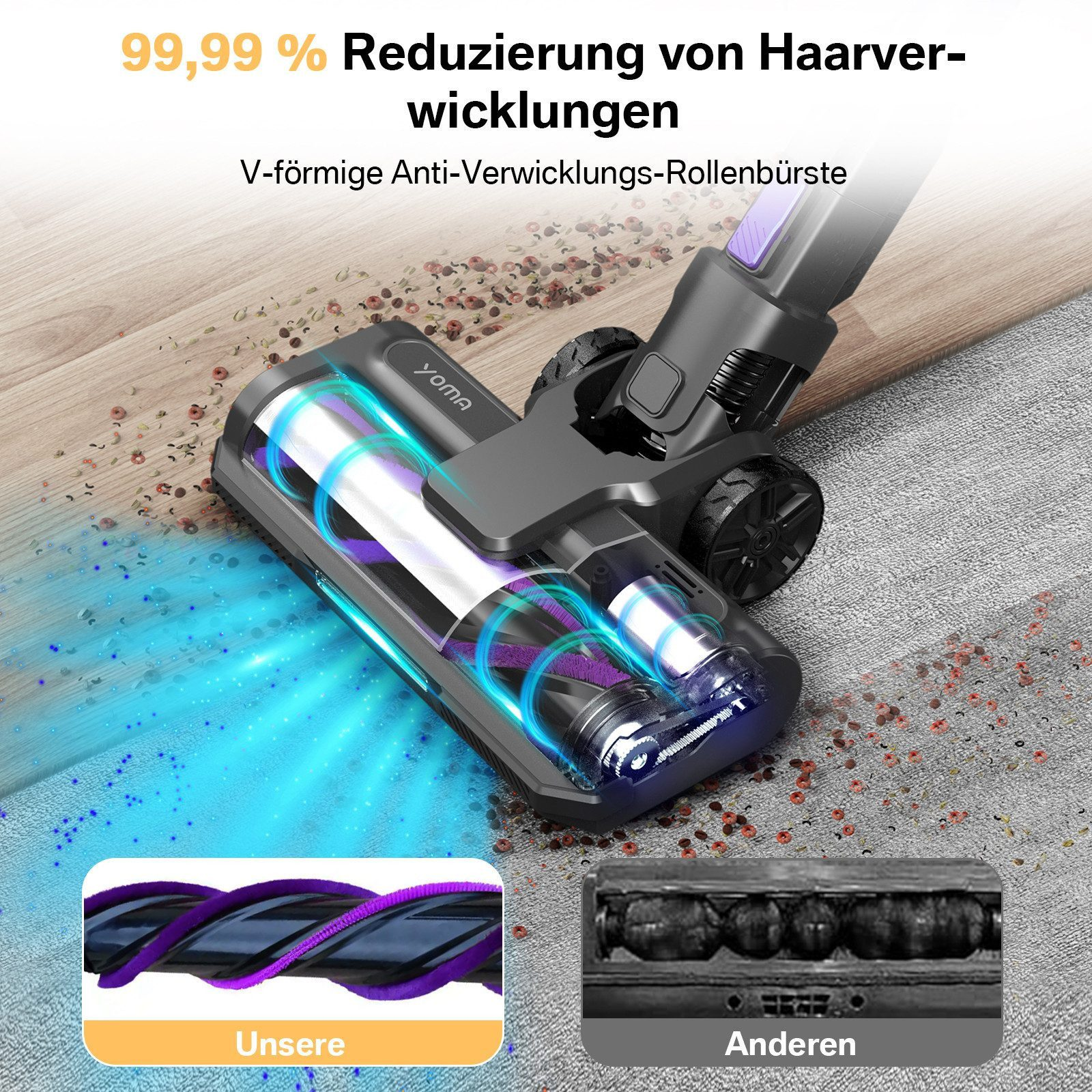 Staubsauger mit V-förmiger Bürste, die Haarreduzierung zeigt. Das Bild hebt den Reinigungskopf hervor und vergleicht ihn mit einem anderen Design.