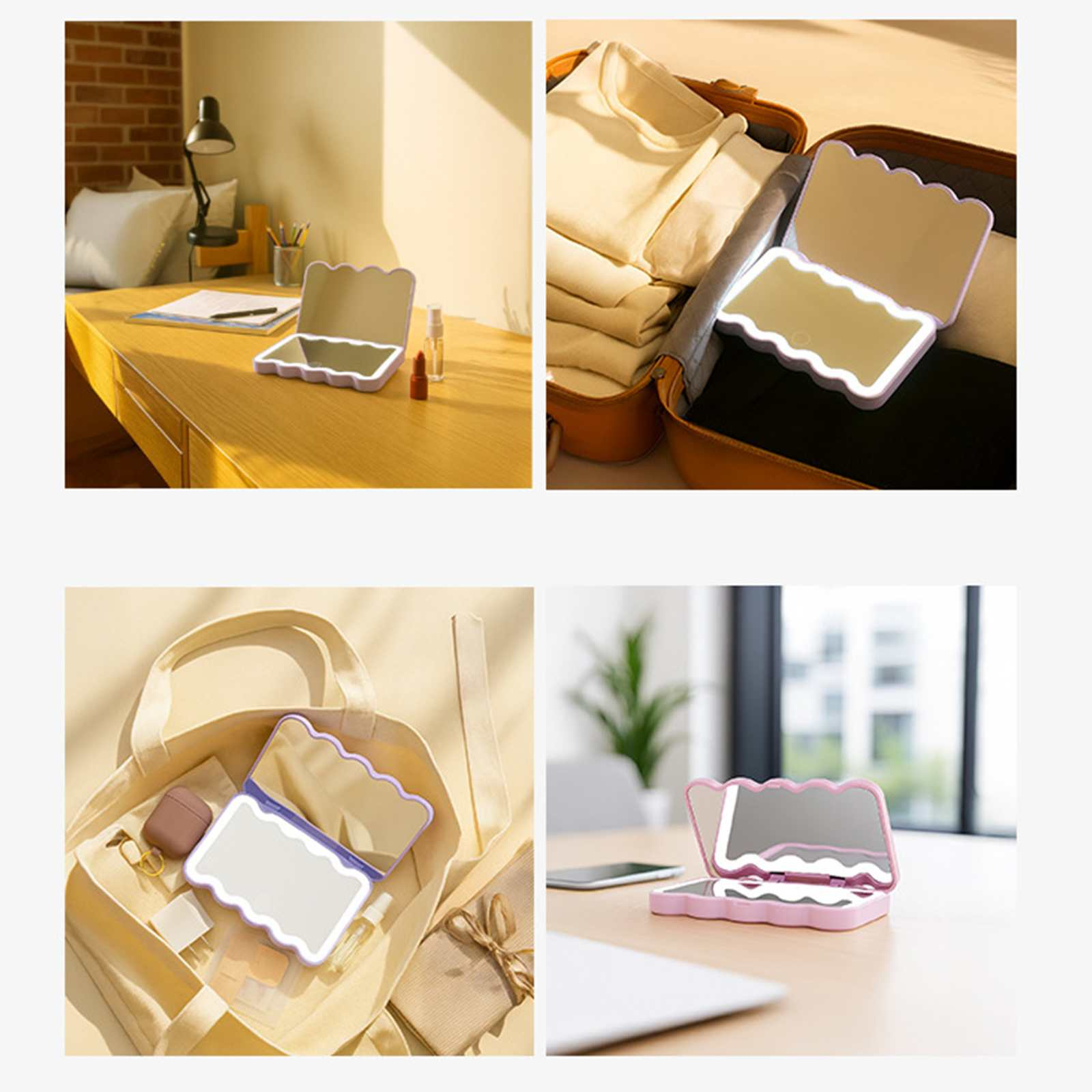 Ein offener, beleuchteter Spiegel auf einem Schreibtisch, in einem Koffer, in einer Tragetasche und auf einem Tisch. Verschiedene Umgebungen.