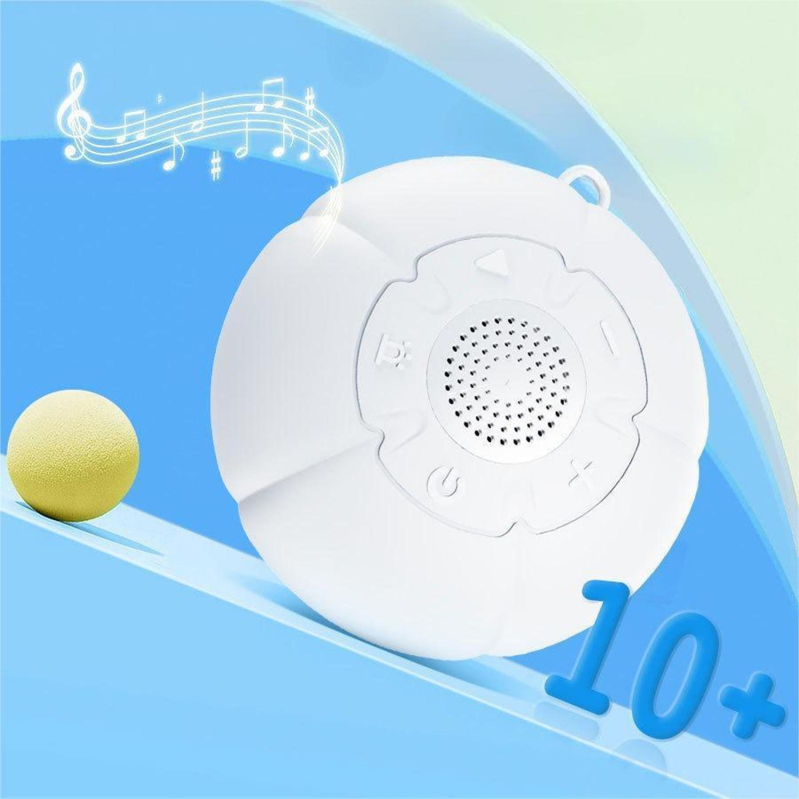 Weißer Musikplayer mit Noten. Links ist ein gelber Ball. Blauer Hintergrund mit der Zahl 10+.