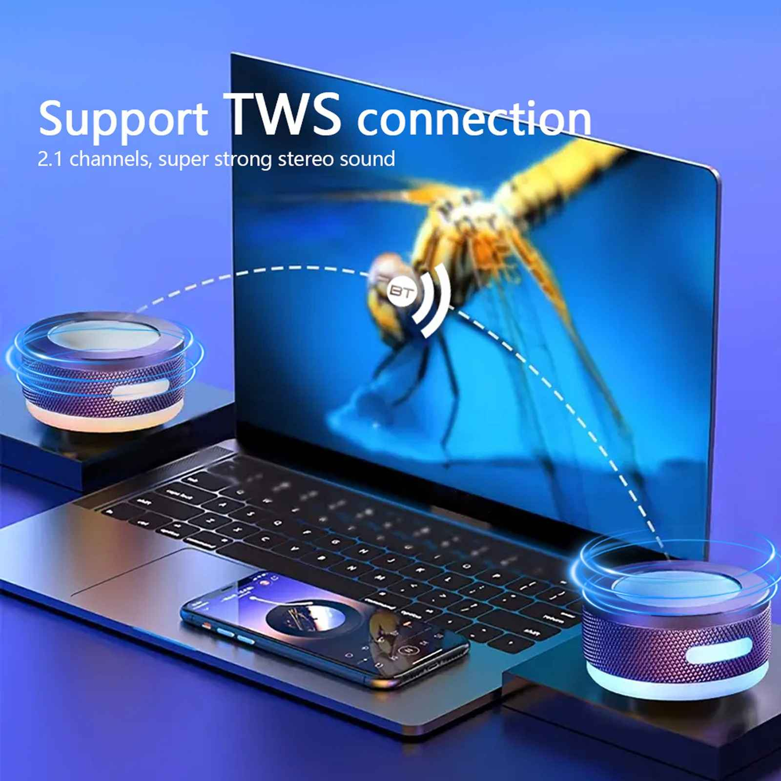 Laptop, Telefon und Lautsprecher mit leuchtenden Linien. Der Bildschirm zeigt eine Libelle. Text: TWS-Verbindung unterstützen.
