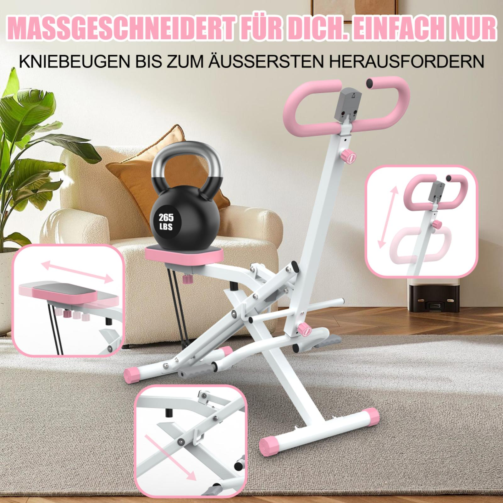 Weiß-rosa Trainingsgerät mit Kettlebell-Gewicht. Insets zeigen Einstellungen. Hintergrund: Couch, Pflanze, Teppich.