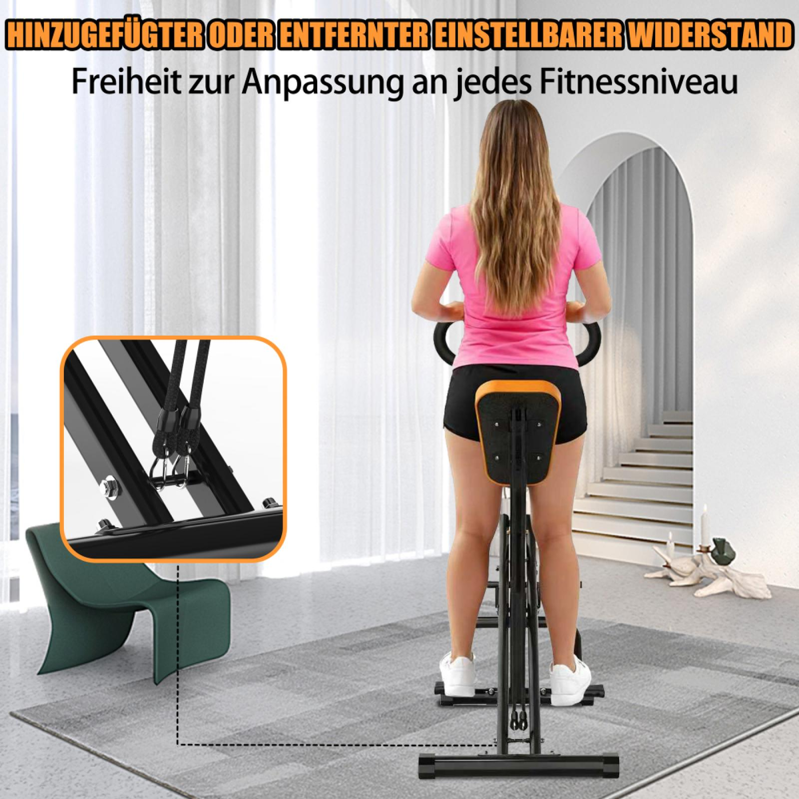 Eine Frau trainiert auf einem Heimtrainer. Das Fahrrad hat schwarze Griffe und einen gelben Sitz. Die Frau trägt Pink.
