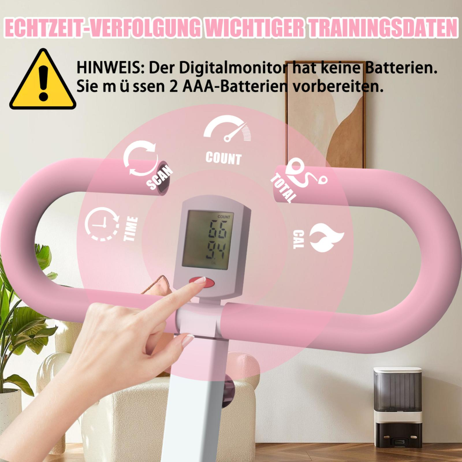 Rosafarbene Trainingsgeräte mit Digitalanzeige. Eine Hand drückt eine Taste. Text: Echtzeit-Verfolgung wichtiger Trainingsdaten.