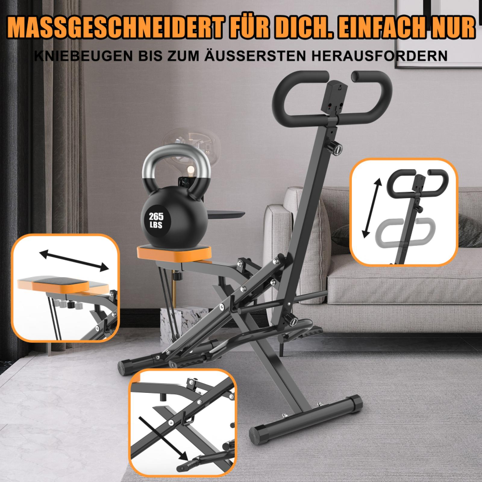 Schwarze Trainingsmaschine mit Kettlebell, orangefarbenem Sitz und schwarzen Griffen. Text: Massgeschneidert für Dich.