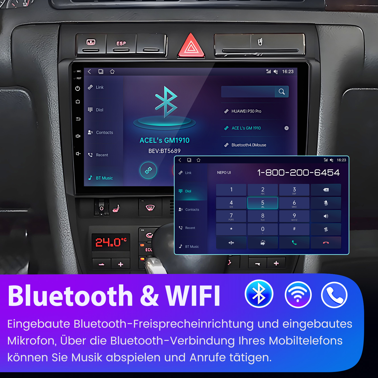 Autoinstrumententafel mit Bildschirm, der eine Telefonwählscheibe anzeigt. Bluetooth- und WiFi-Symbole sind unten abgebildet. Temperaturanzeige ist sichtbar.