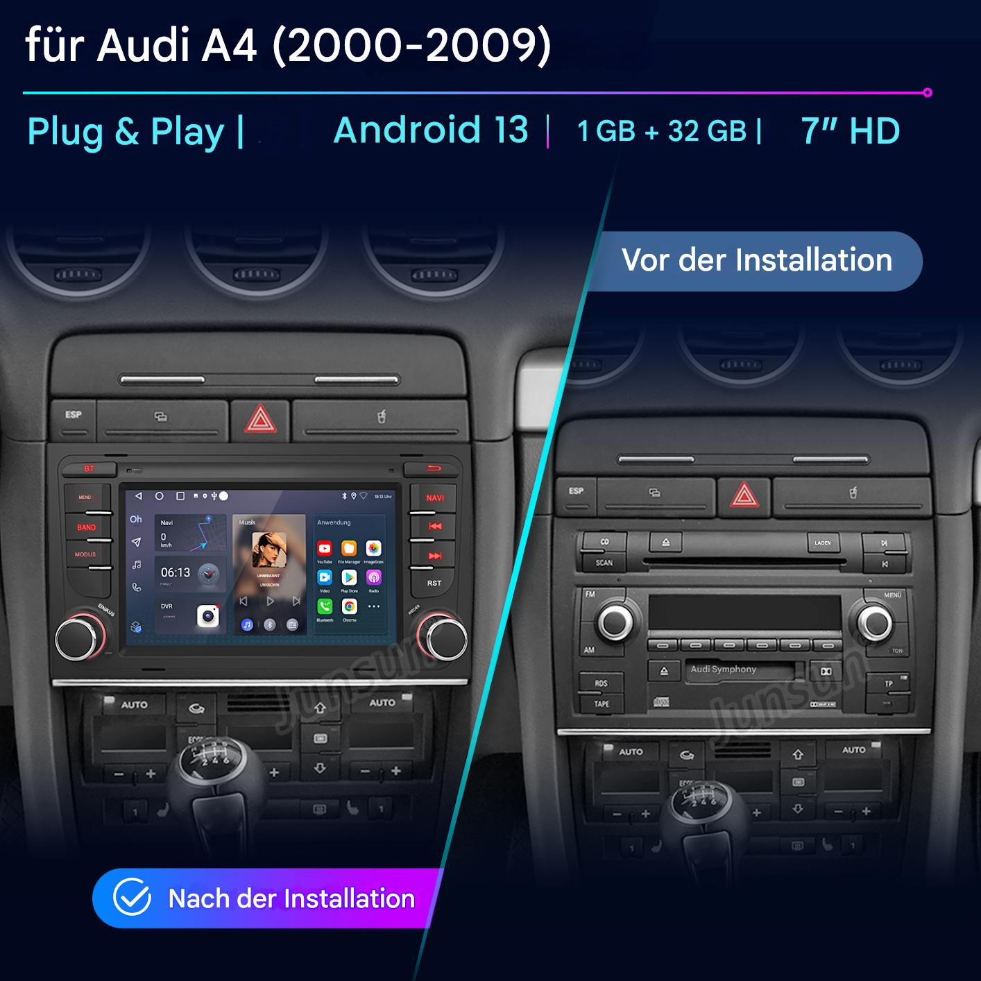 Autoinstrumententafel mit Vorher- und Nachher-Installation eines Android 13-Systems mit 7-Zoll-HD-Bildschirm.