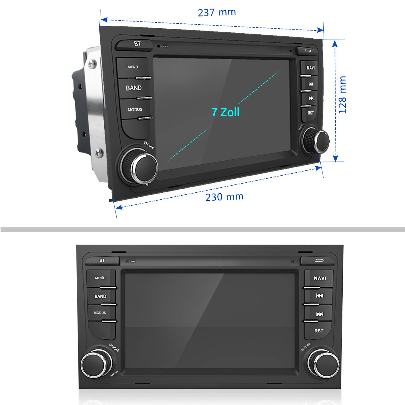 Autoradio mit Bildschirm, Knöpfen und Drehreglern. Abmessungen: 237mm x 128mm x 230mm. Text auf Bildschirm: '7 Zoll'.
