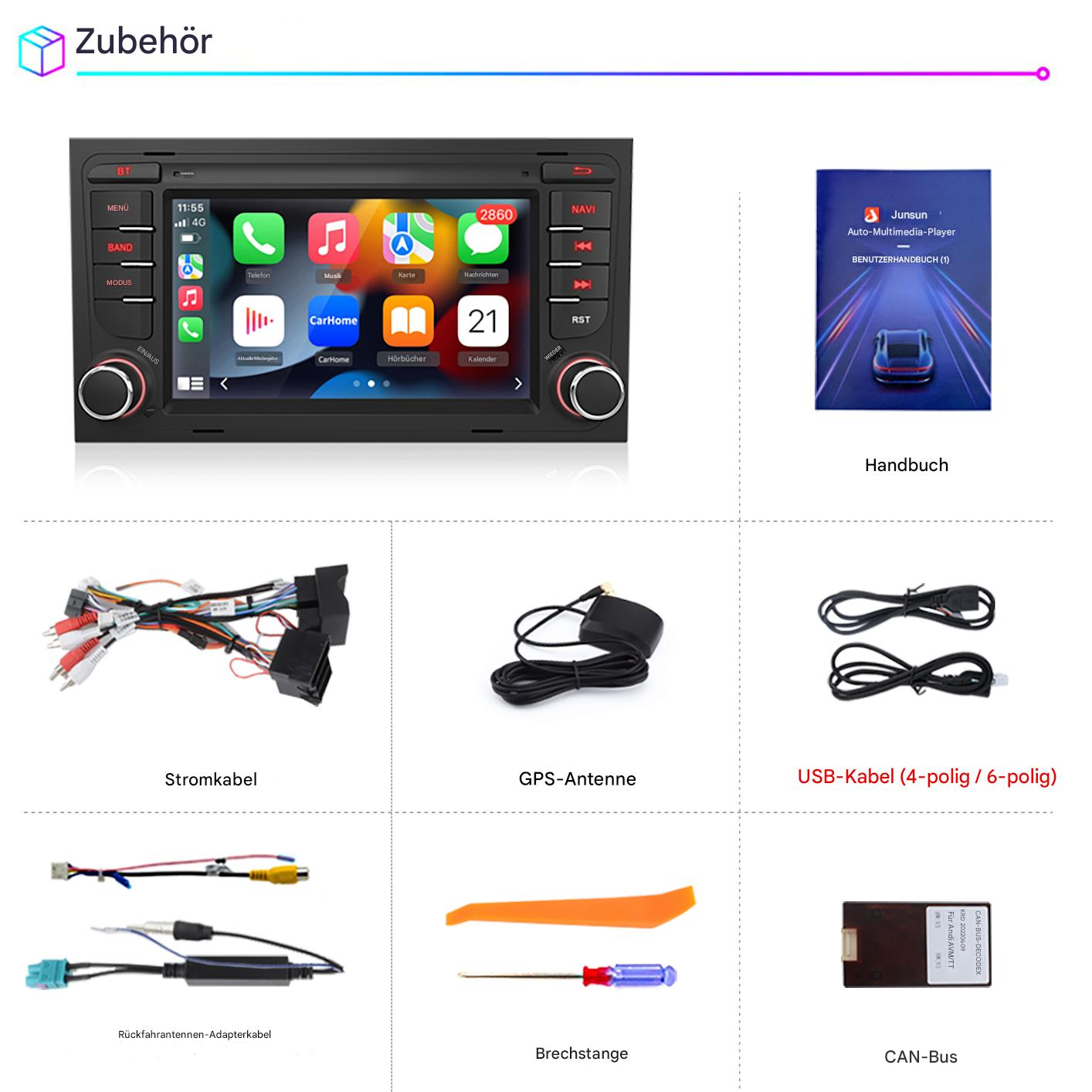 Auto-Multimedia-Player, Handbuch, Kabel, Antenne und Werkzeuge. Display zeigt Apps. Verschiedene Kabel und Werkzeuge werden gezeigt.