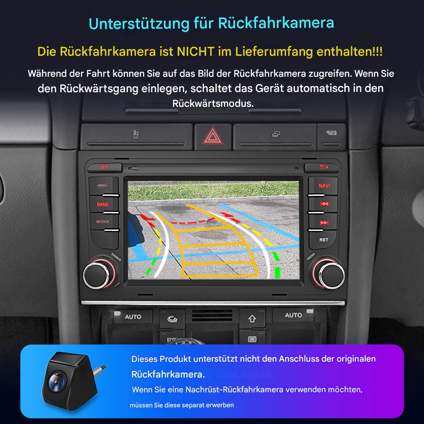 Autoradio-Bildschirm mit Rückfahrkameraansicht. Text auf Deutsch zeigt Kompatibilität und Kamera nicht enthalten.