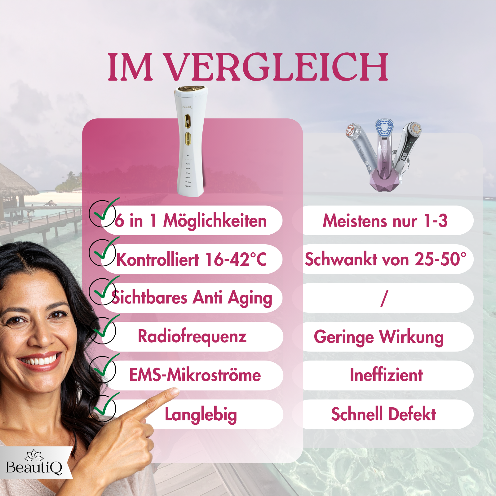 Das Bild vergleicht ein Schönheitsgerät mit anderen. Eine Frau zeigt auf das Gerät. Der Hintergrund ist eine tropische Szene.