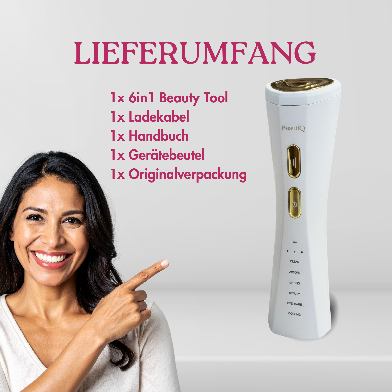 Eine Frau zeigt auf ein weißes Beauty-Tool. Text auf Deutsch listet die enthaltenen Artikel auf. Das Tool hat goldene Akzente.