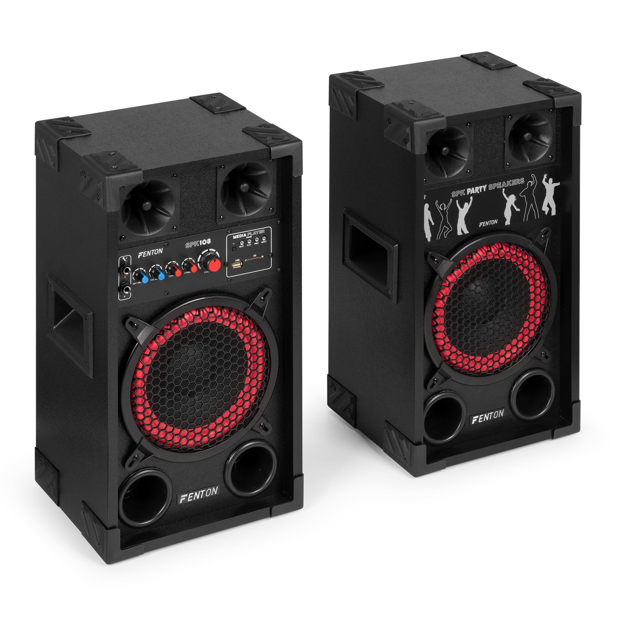 Dos altavoces de fiesta Fenton SPK negros. Cada uno tiene rejillas iluminadas en rojo, paneles de control y protectores de esquina.