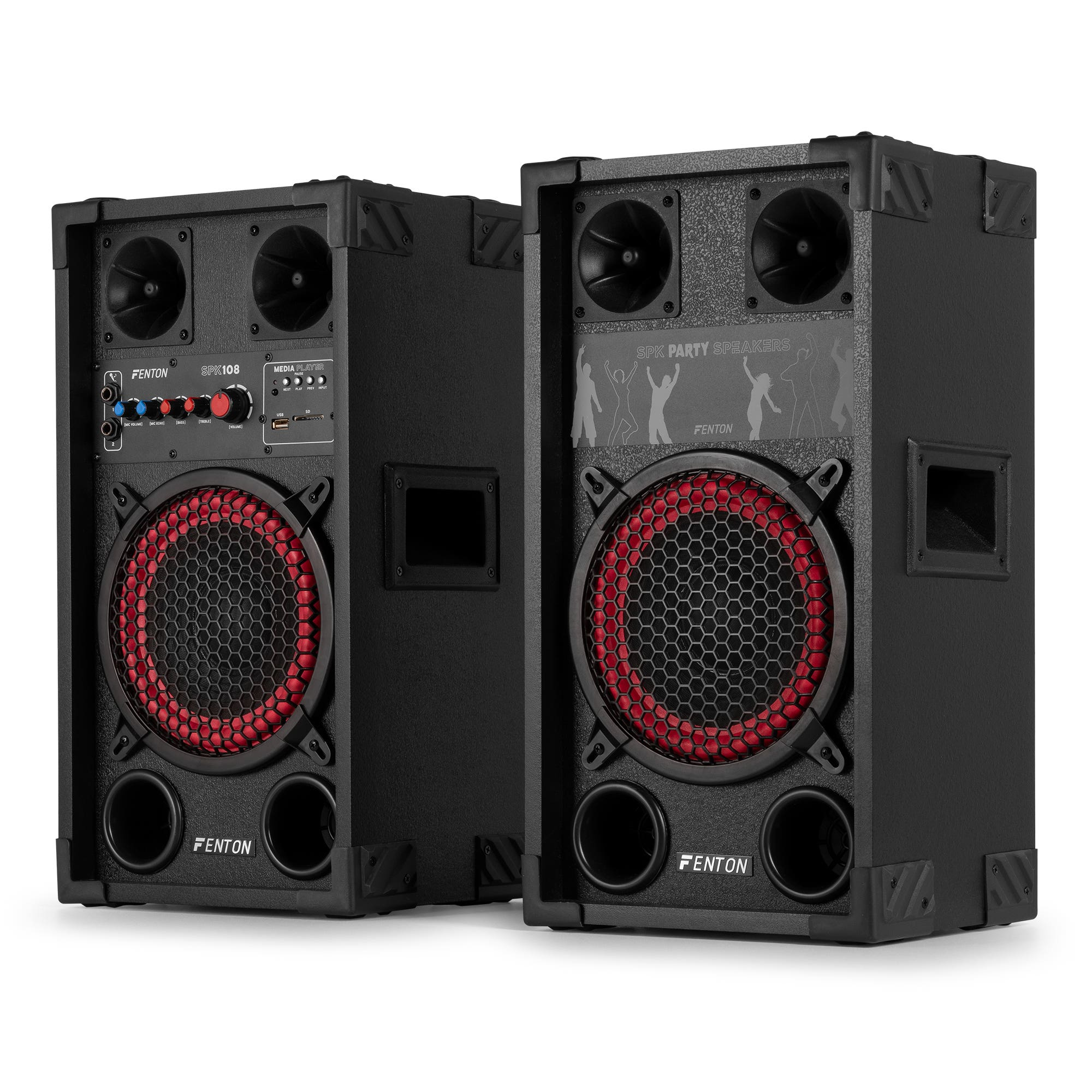 Dos altavoces de fiesta Fenton SPK108 negros. Cada uno tiene un altavoz con anillo rojo, cubierta de malla y controles.