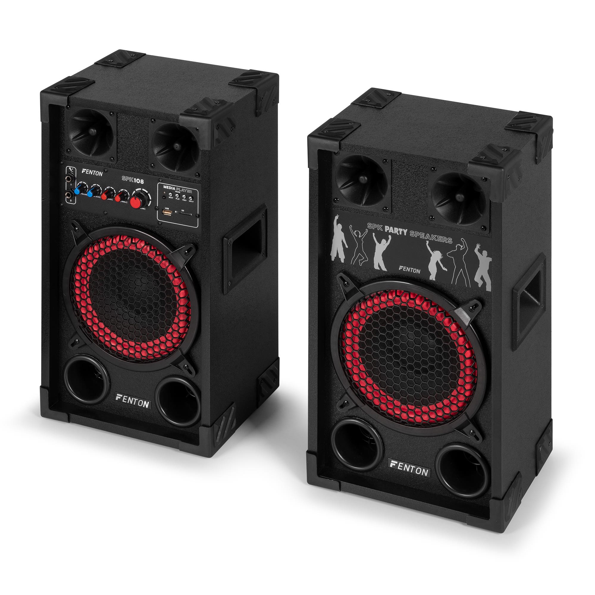 Dos altavoces Fenton SPK108 negros con detalles en rojo. Cada uno tiene un altavoz con anillo rojo, panel de control y dos altavoces pequeños.