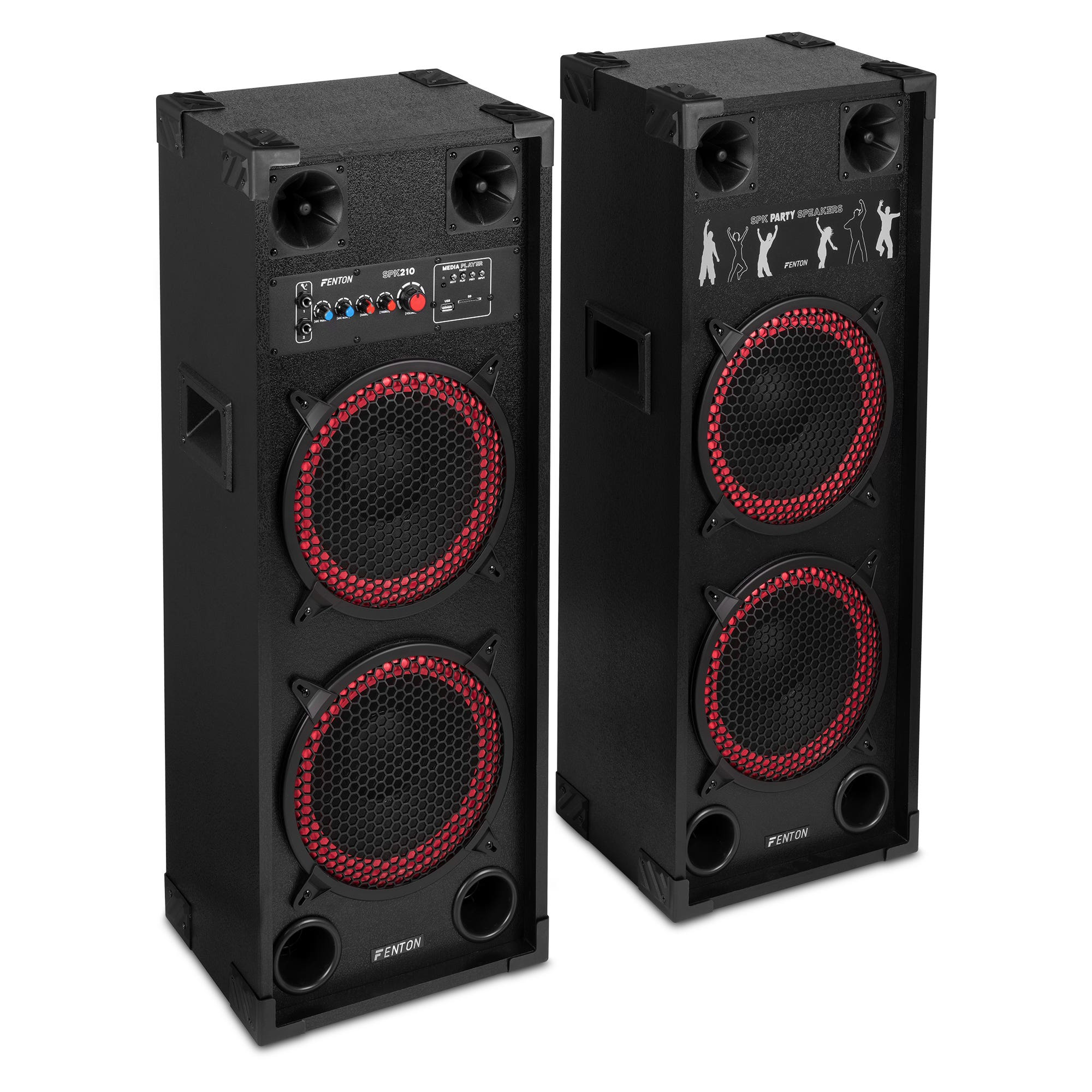 Dos altavoces de fiesta Fenton negros. Cada uno tiene dos altavoces con anillos rojos. Controles y marca visibles.