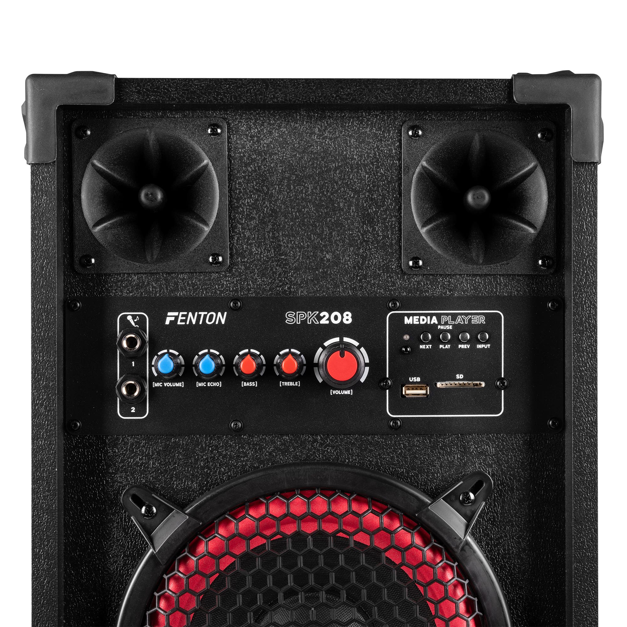 Zwarte luidspreker met bedieningselementen en mesh grill. Inclusief knoppen voor volume, microfoon en mediaplayer functies.