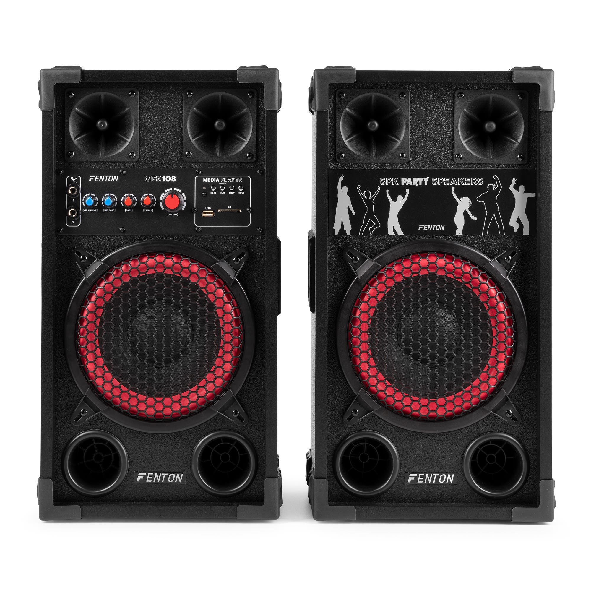 Dos altavoces Fenton negros. Cada uno tiene un altavoz con borde rojo y un panel de control. El derecho tiene figuras bailando.