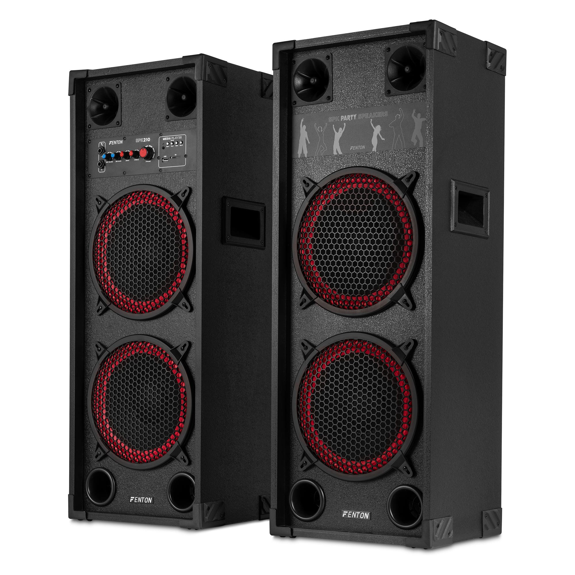 Dos altavoces de fiesta Fenton negros. Cada uno tiene dos altavoces con anillos rojos y un panel de control.