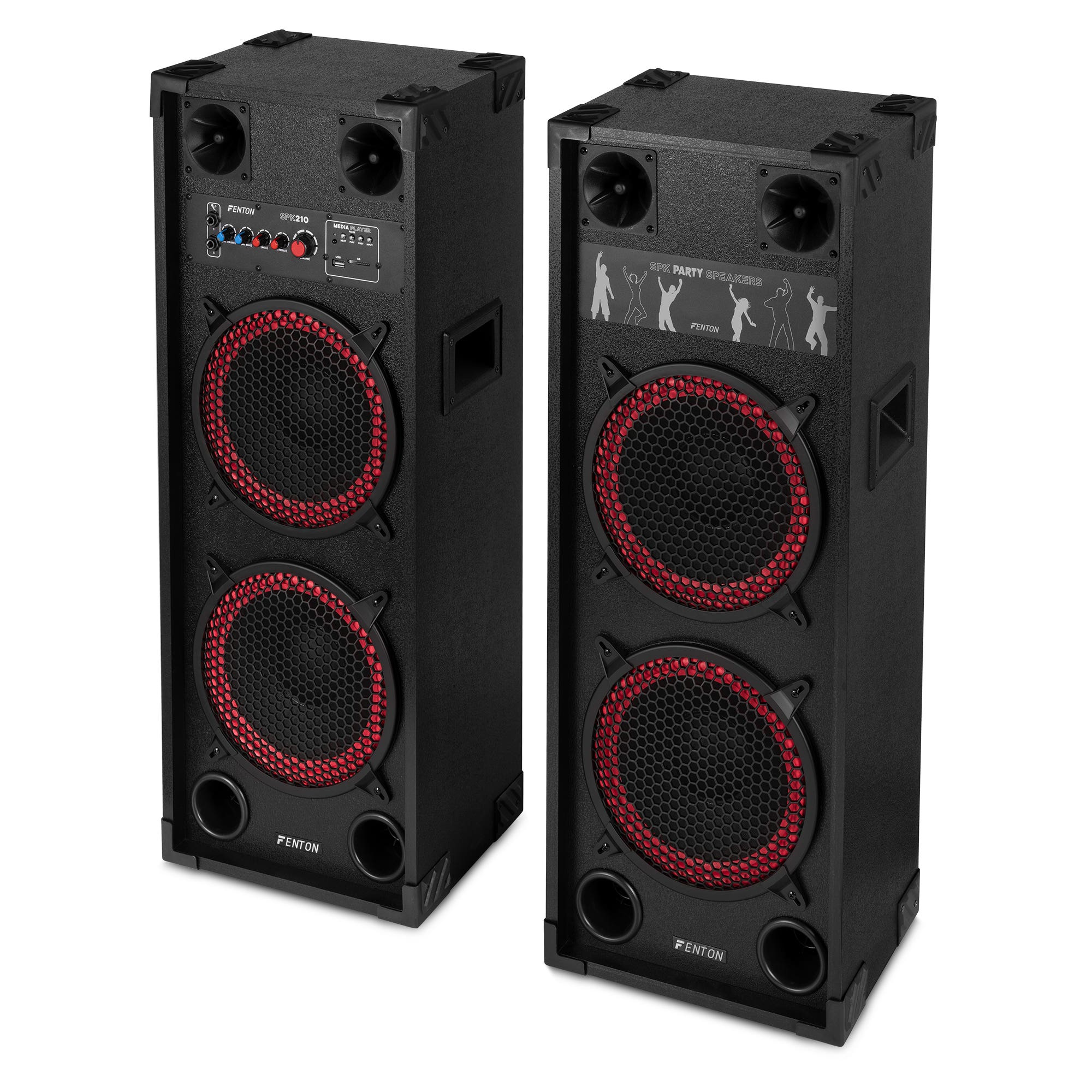 Dos altavoces de fiesta Fenton negros con detalles rojos. Cada uno tiene dos rejillas y paneles de control.