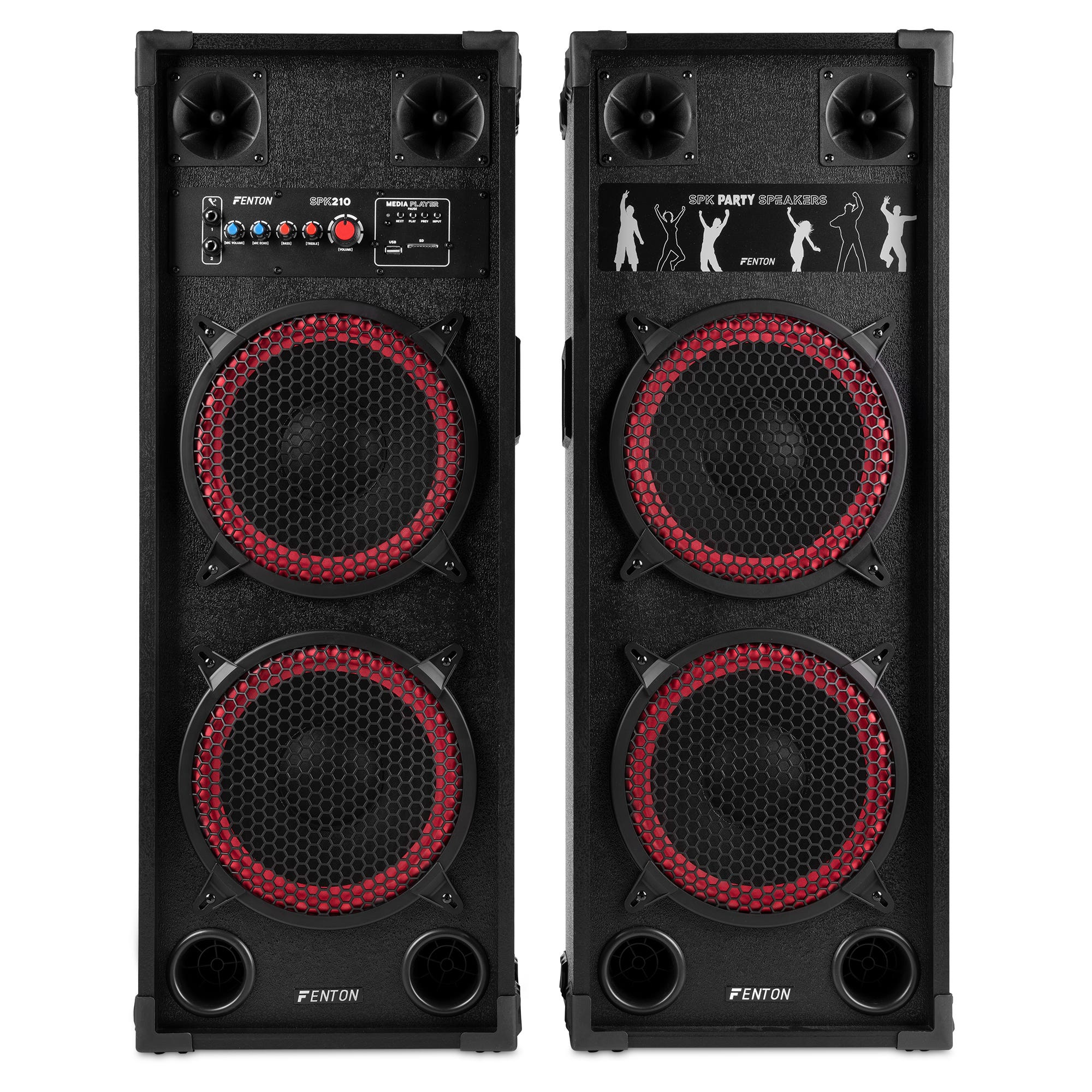 Dos altavoces de fiesta Fenton SPK210 negros con bordes rojos y paneles de control. Hay figuras bailando en uno.