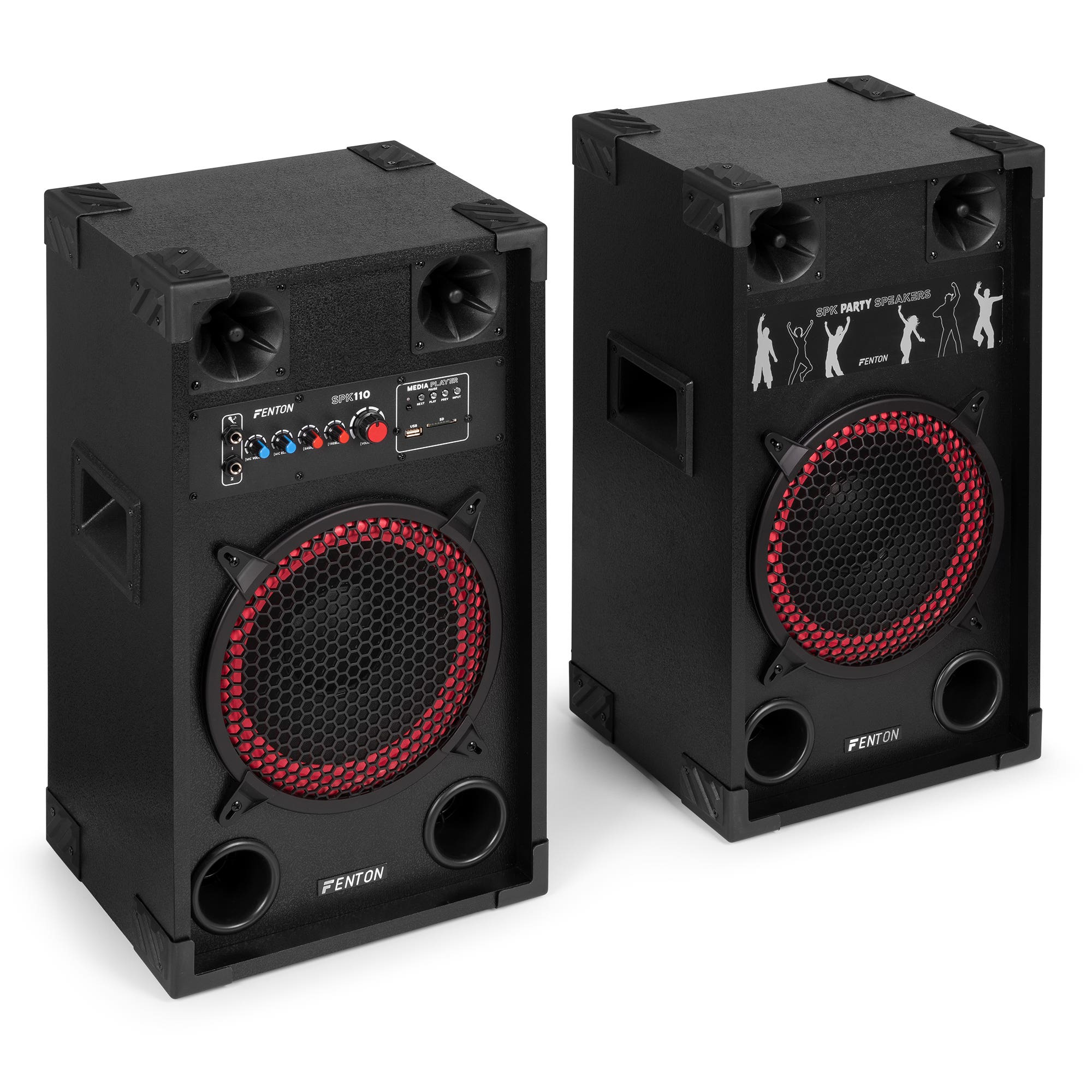 Dos altavoces negros Fenton SPK110. Cada uno tiene una rejilla de altavoz roja y un panel de control. El derecho tiene un gráfico de fiesta.