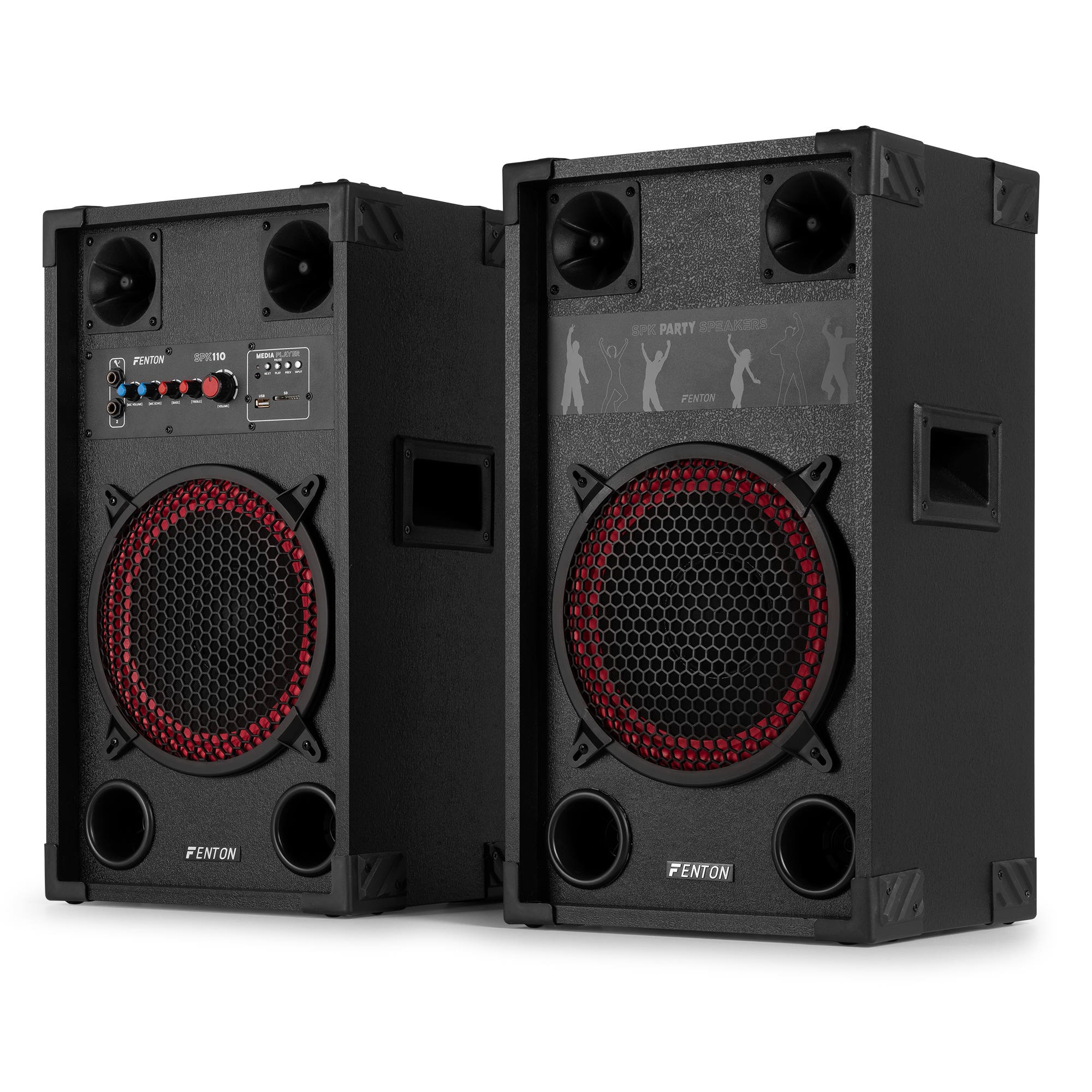 Dos altavoces de fiesta Fenton SPK negros. Cada uno tiene un altavoz con borde rojo, un tweeter y un panel de control.