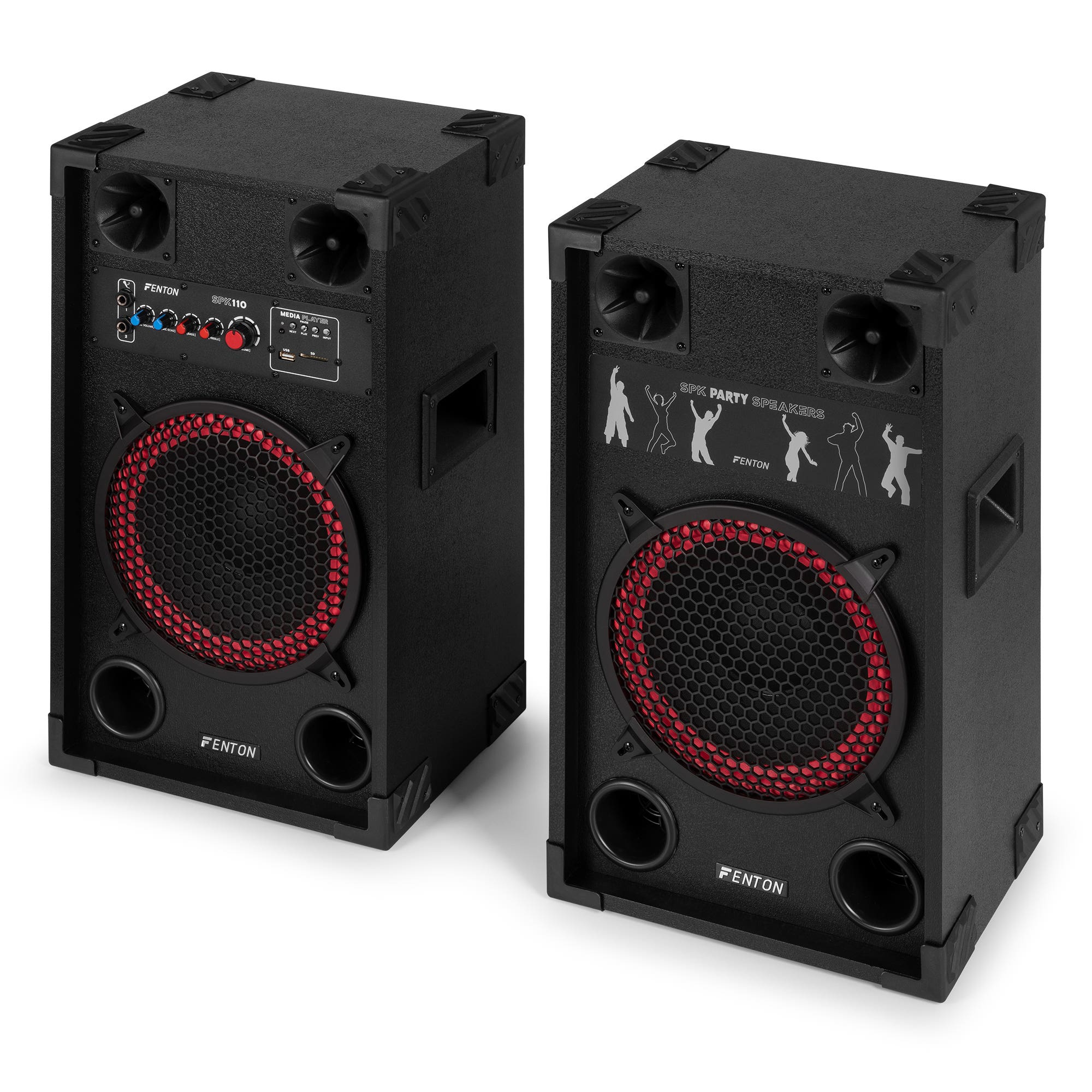 Dos altavoces Fenton SPK negros, con rejillas rojas y negras y figuras de baile blancas.