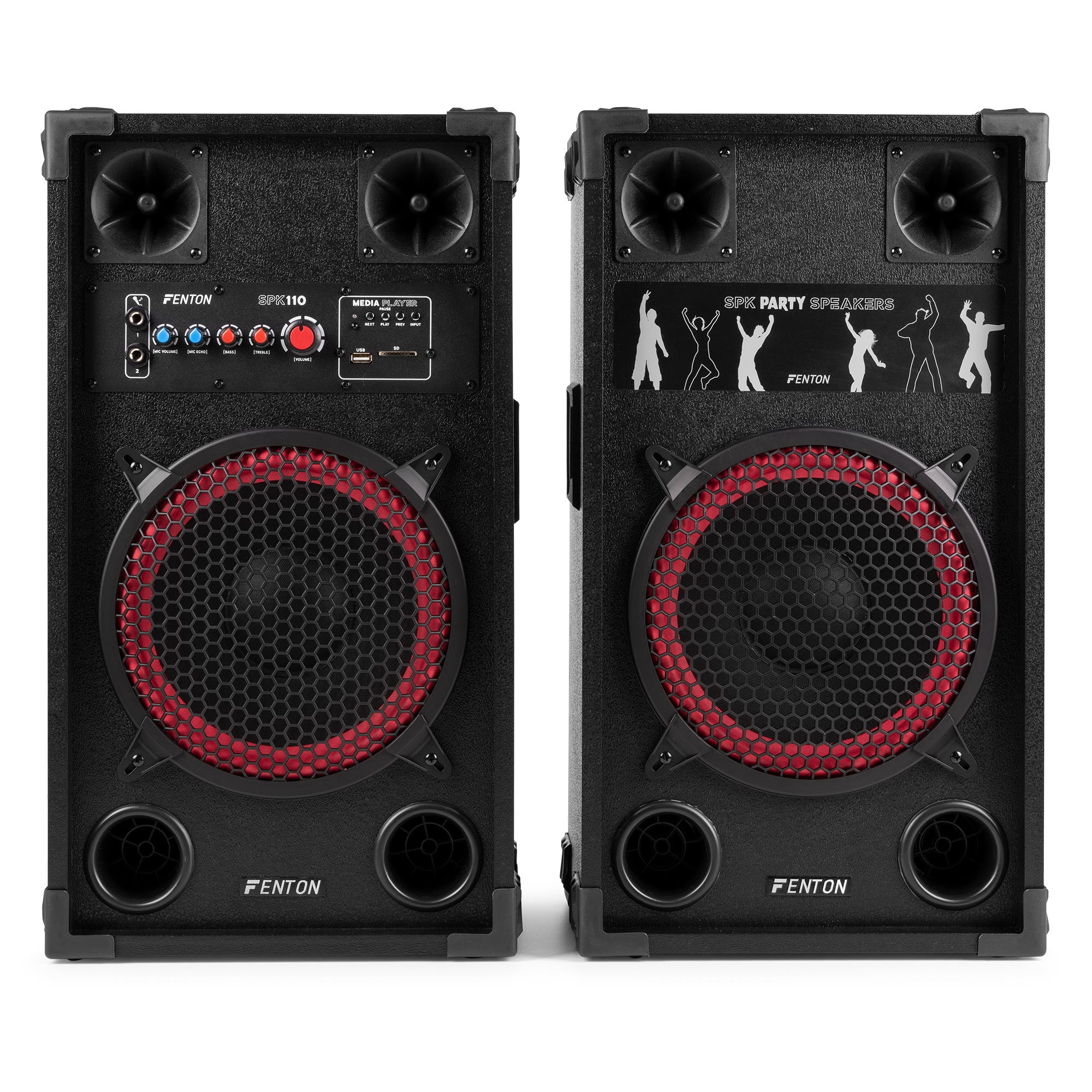 Dos altavoces negros Fenton SPK110. Cada uno tiene un altavoz con anillo rojo, controles y el texto 'SPK PARTY SPEAKERS'.